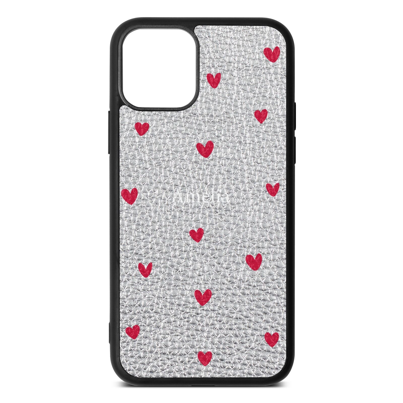 Custom Hearts Name Silver Pebble Leather iPhone 11 Pro Case