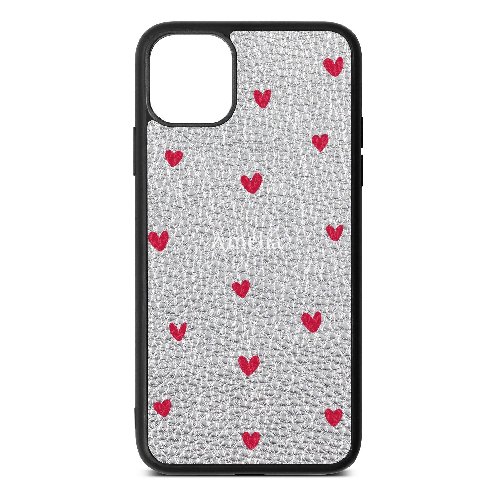 Custom Hearts Name Silver Pebble Leather iPhone 11 Pro Max Case