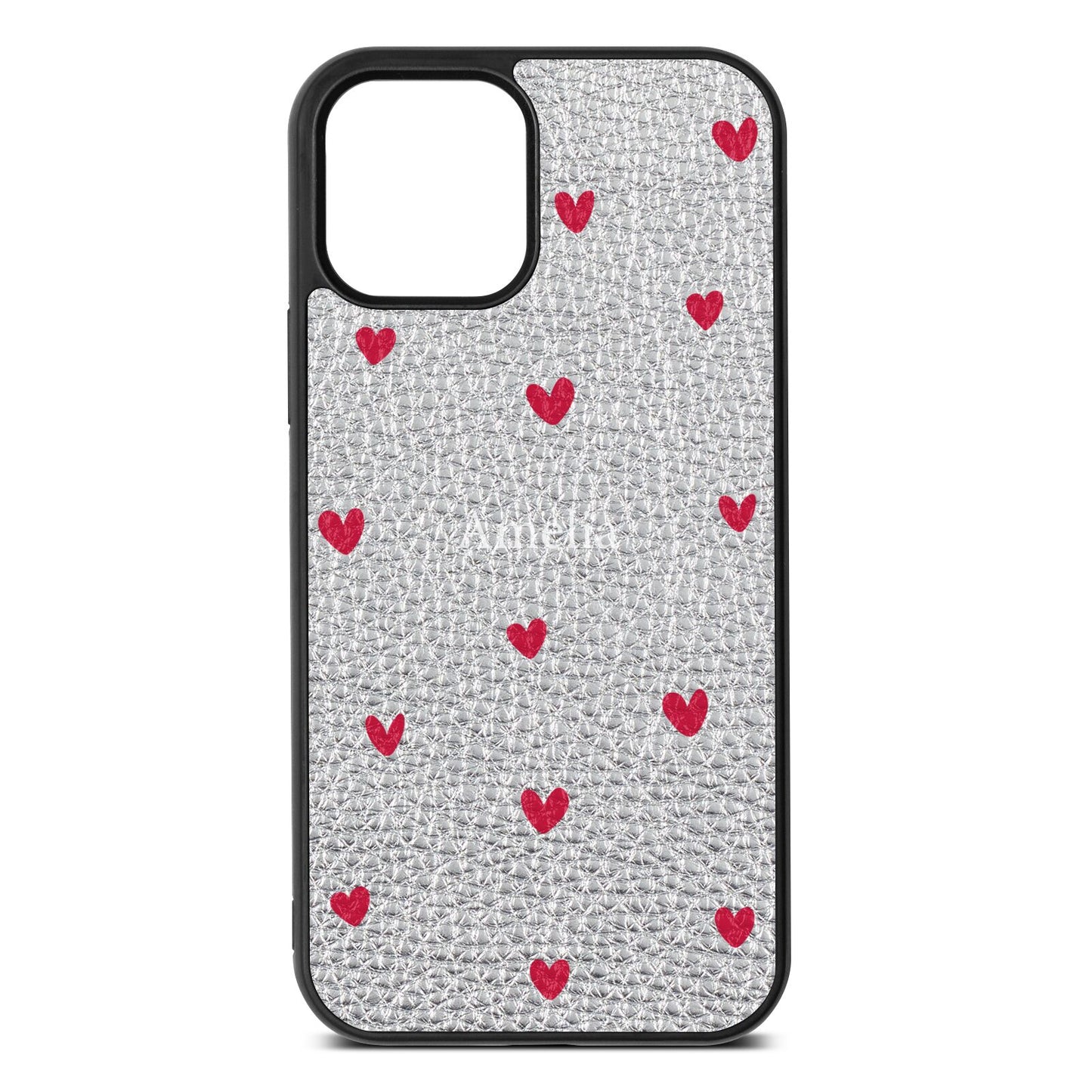 Custom Hearts Name Silver Pebble Leather iPhone 12 Case