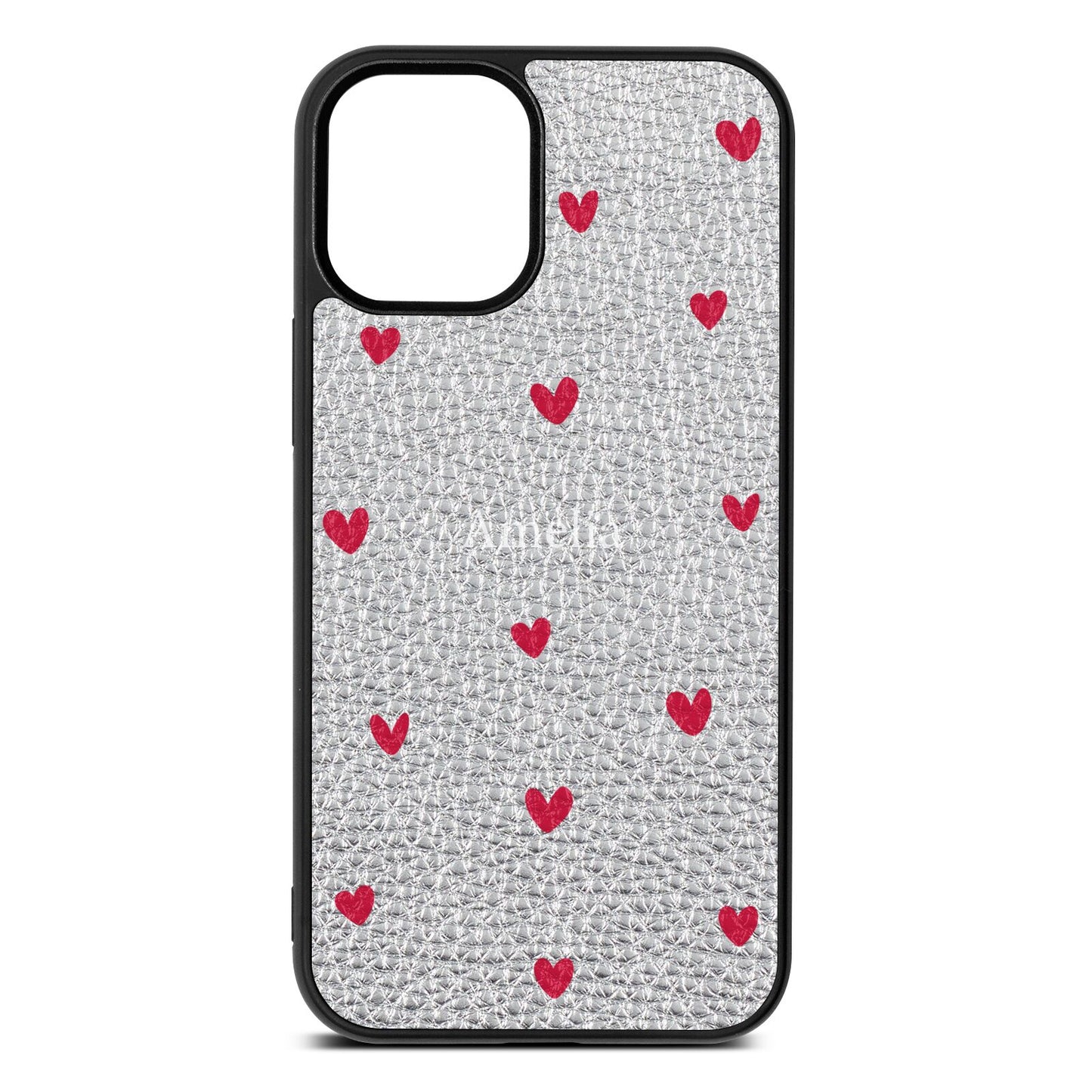 Custom Hearts Name Silver Pebble Leather iPhone 12 Mini Case