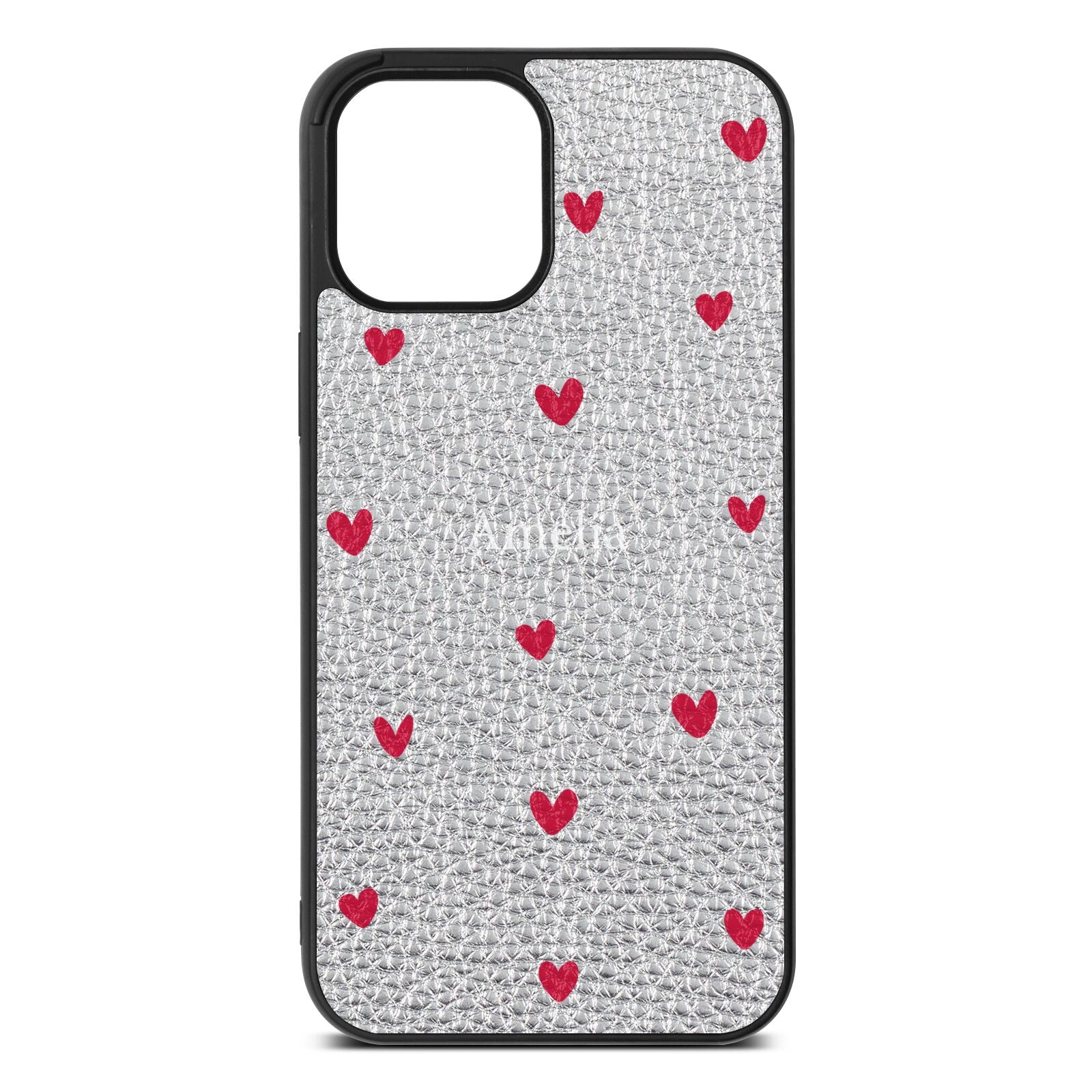 Custom Hearts Name Silver Pebble Leather iPhone 12 Pro Max Case