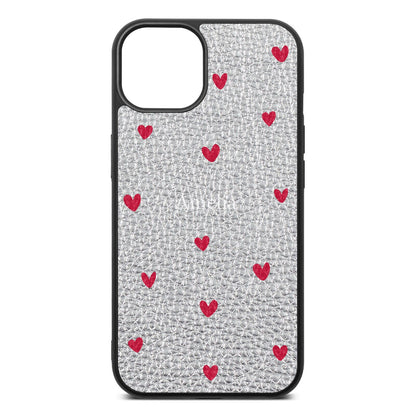 Custom Hearts Name Silver Pebble Leather iPhone 13 Case