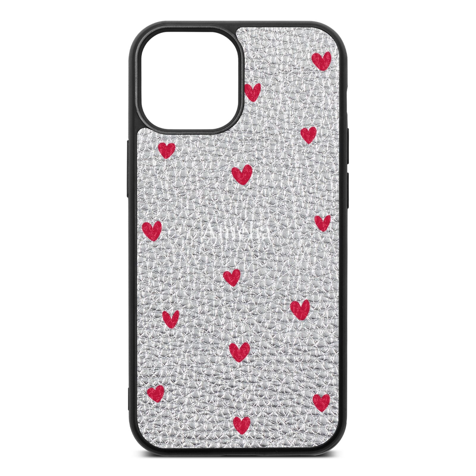 Custom Hearts Name Silver Pebble Leather iPhone 13 Mini Case