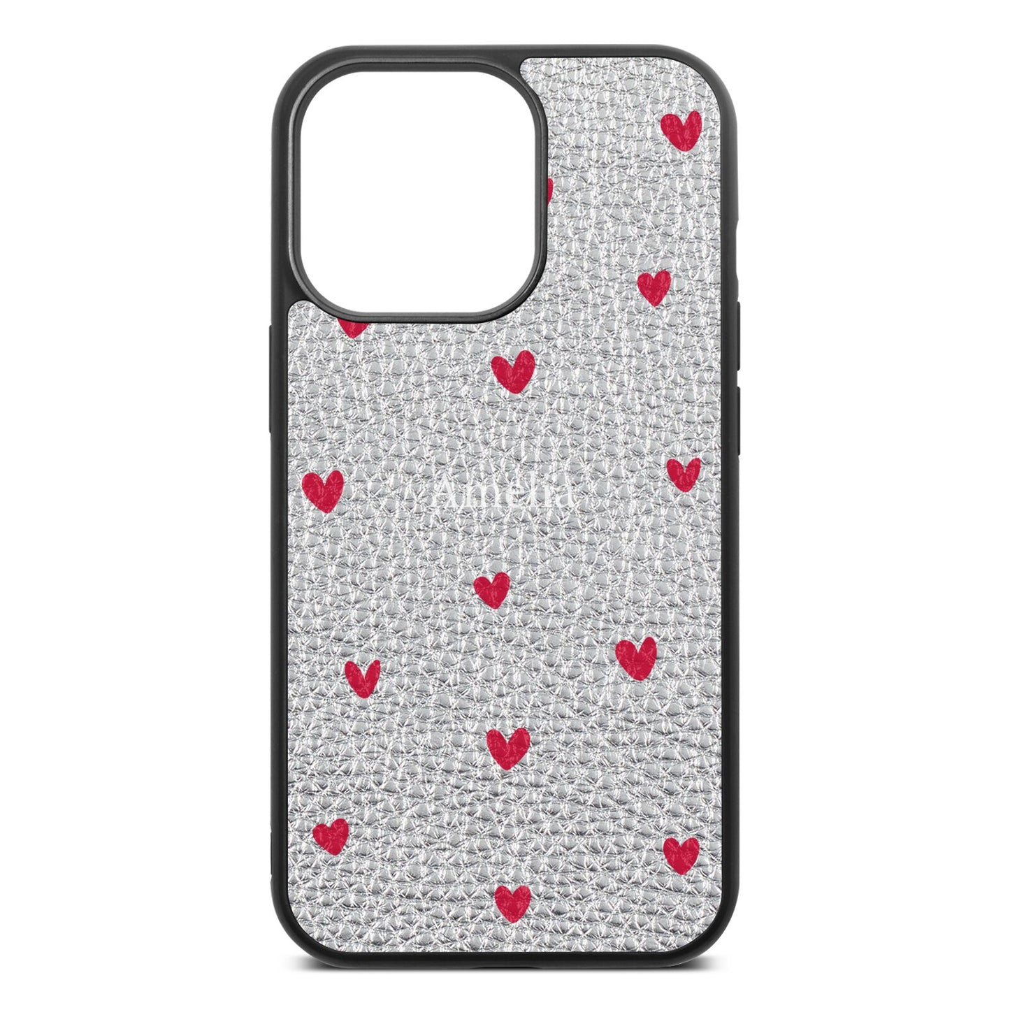 Custom Hearts Name Silver Pebble Leather iPhone 13 Pro Case