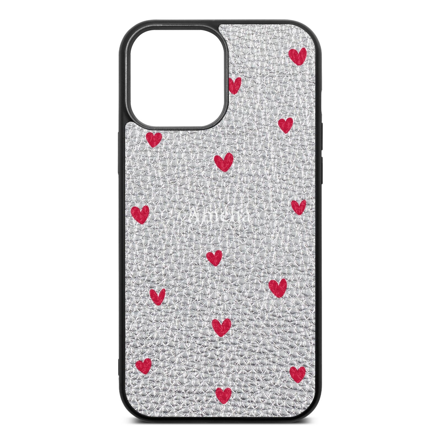 Custom Hearts Name Silver Pebble Leather iPhone 13 Pro Max Case