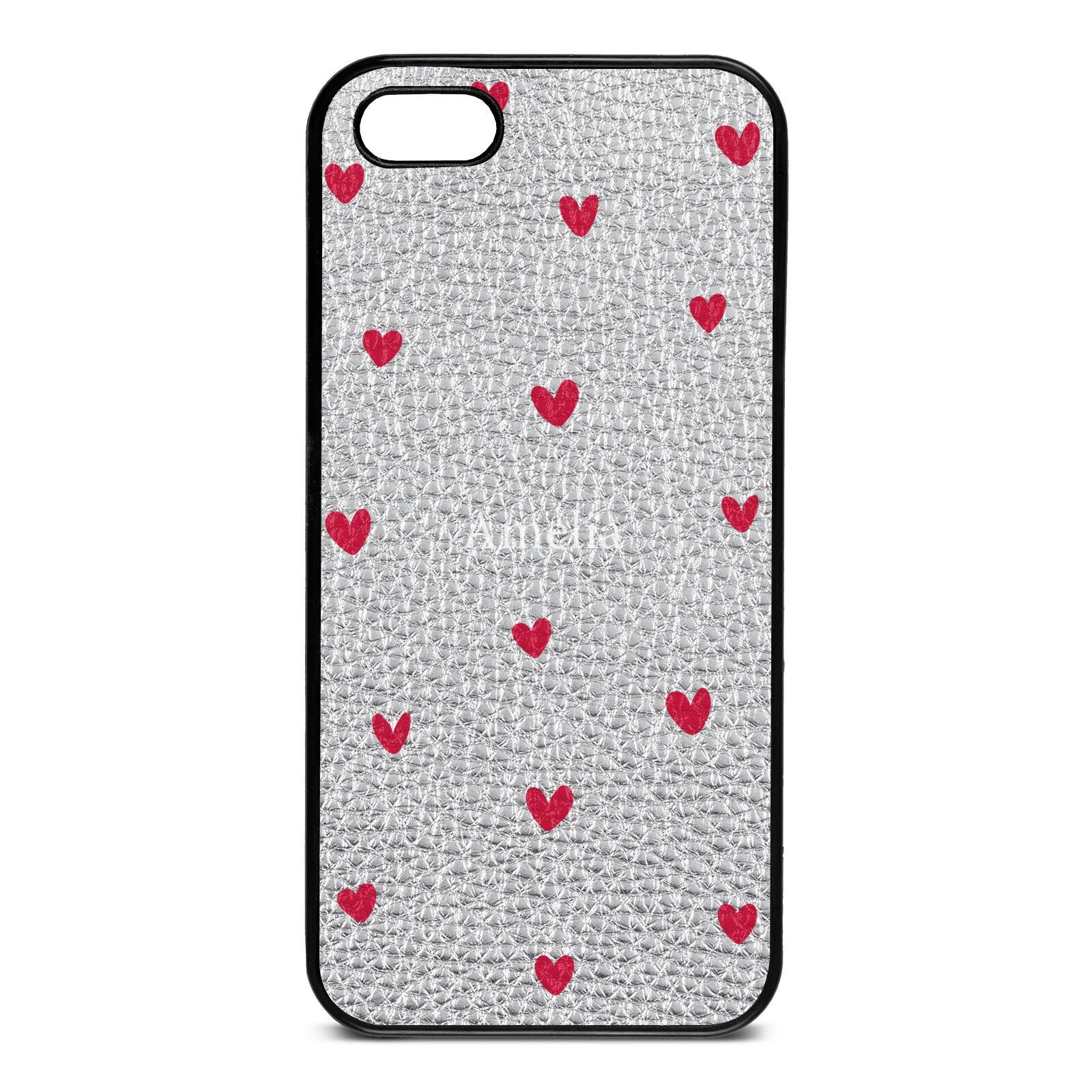 Custom Hearts Name Silver Pebble Leather iPhone 5 Case