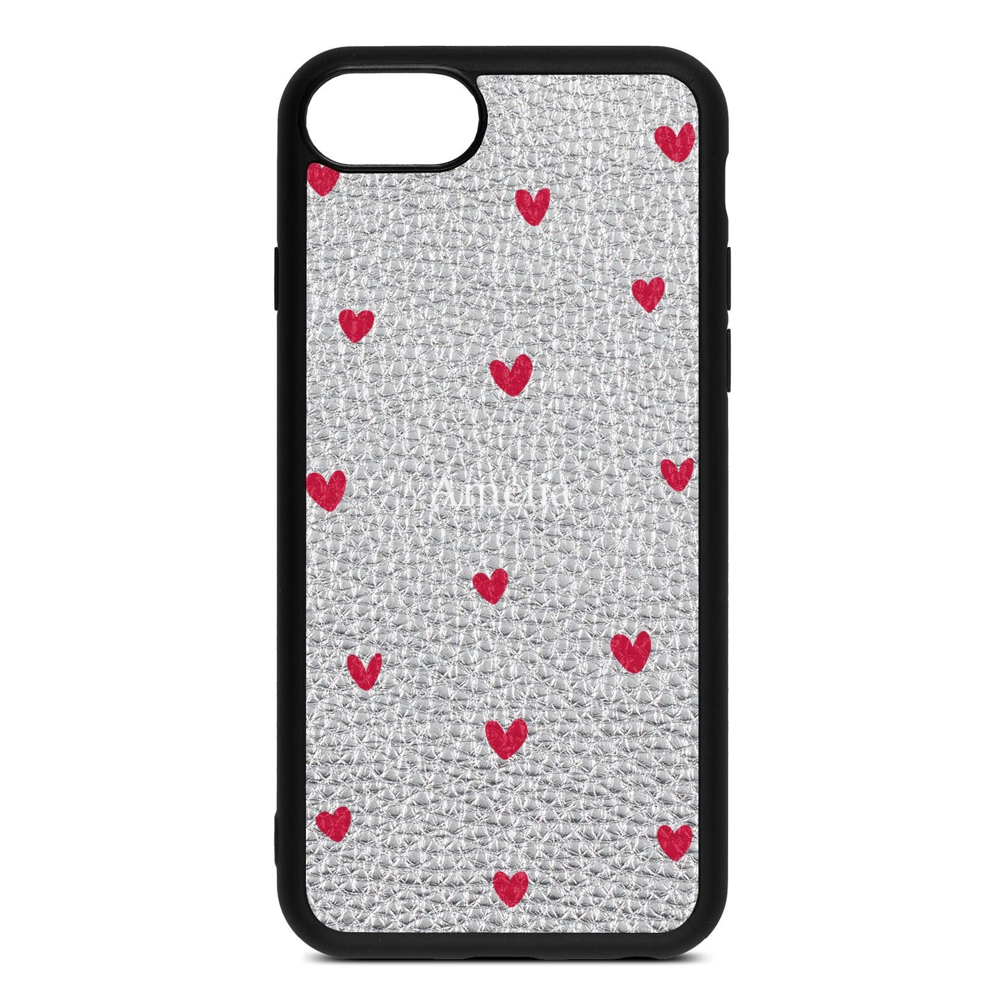 Custom Hearts Name Silver Pebble Leather iPhone 8 Case