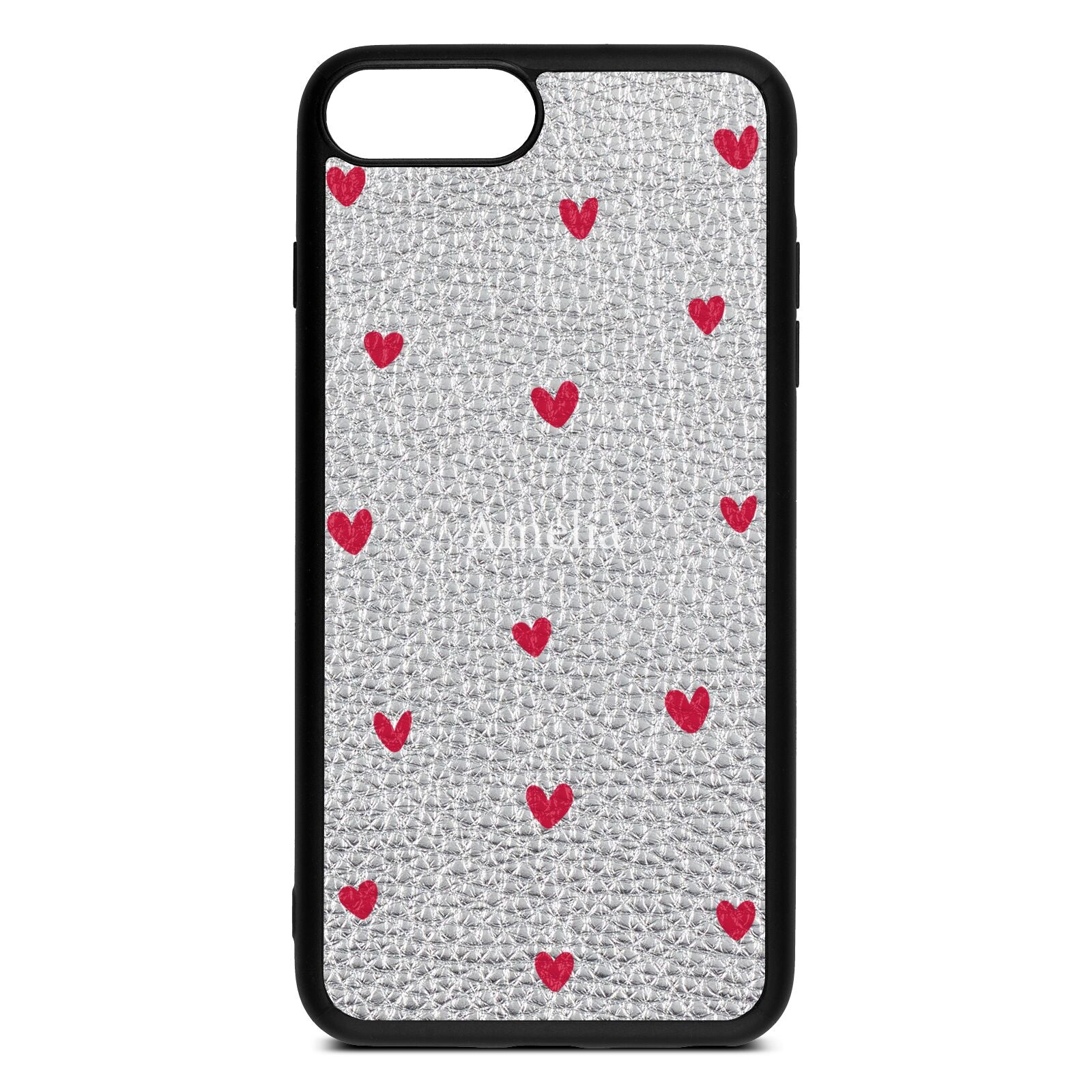 Custom Hearts Name Silver Pebble Leather iPhone 8 Plus Case