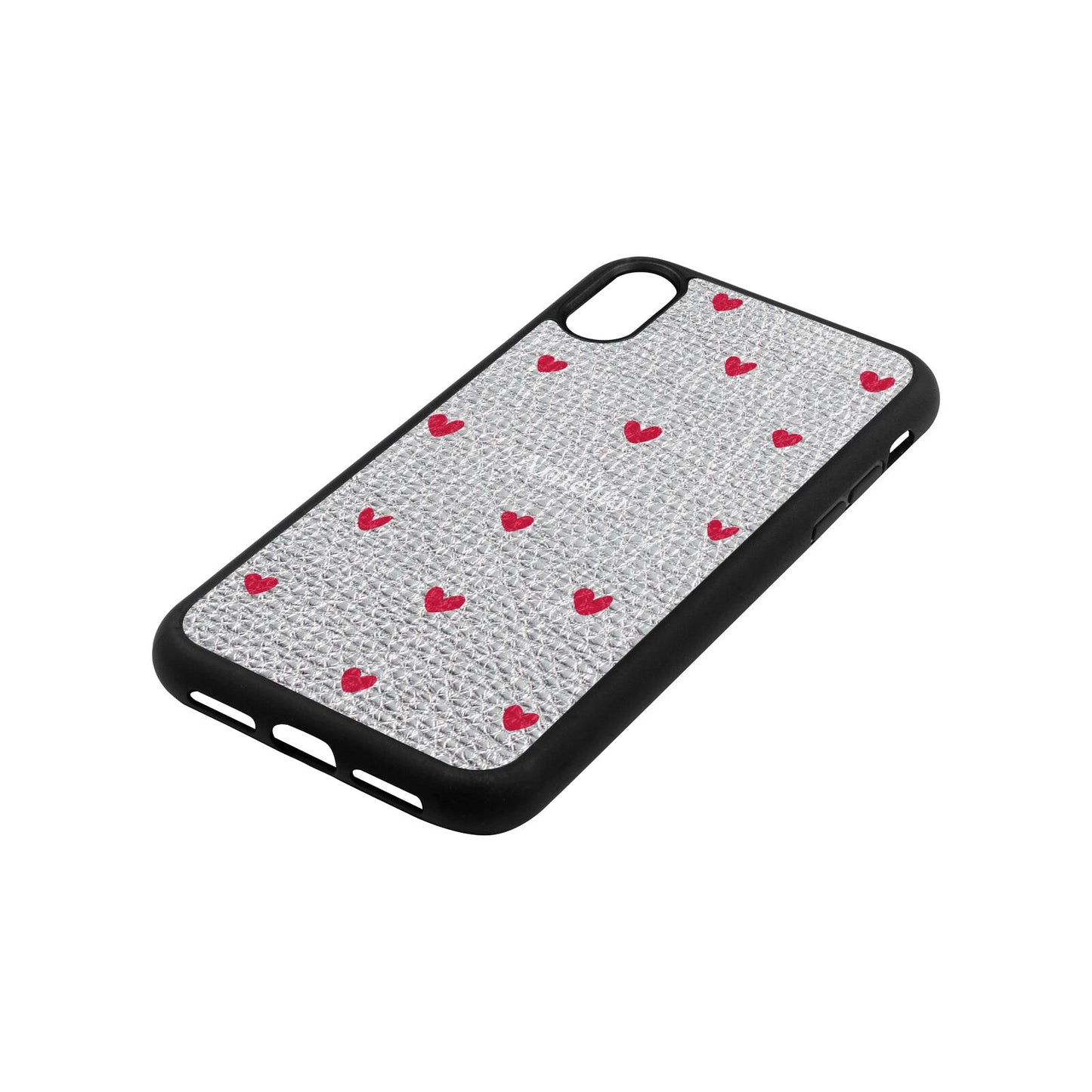 Custom Hearts Name Silver Pebble Leather iPhone Xr Case Side Angle