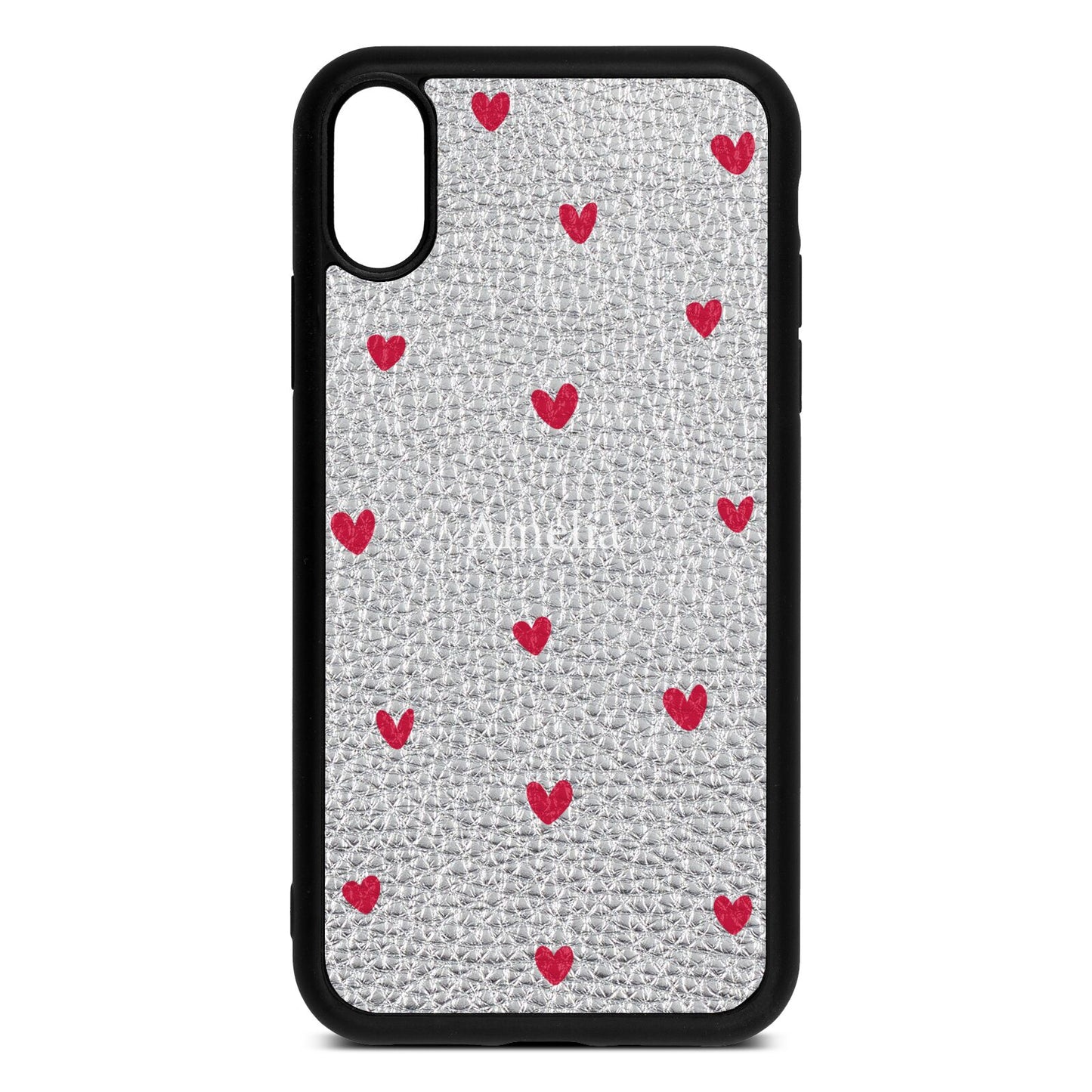 Custom Hearts Name Silver Pebble Leather iPhone Xr Case