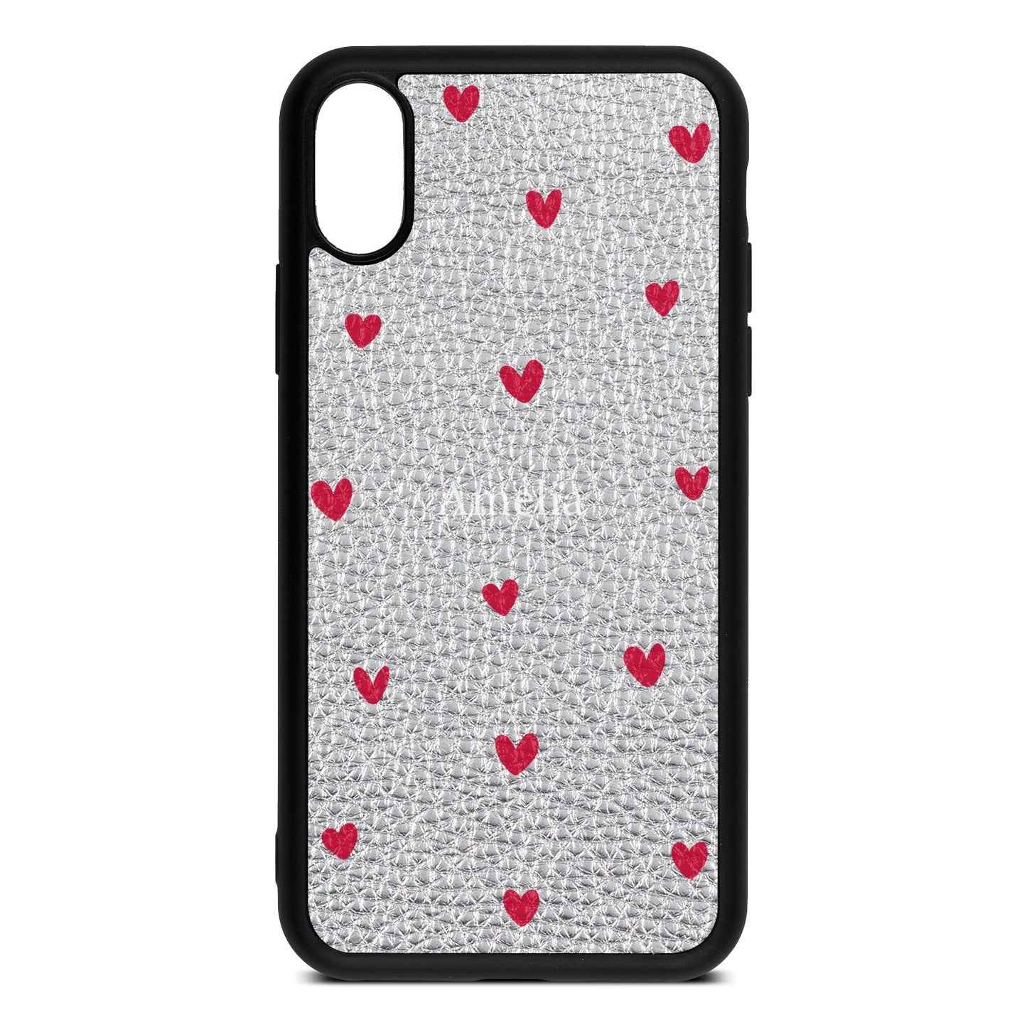 Custom Hearts Name Silver Pebble Leather iPhone Xs Case