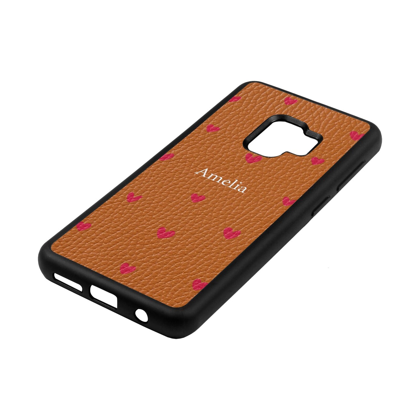 Custom Hearts Name Tan Pebble Leather Samsung S9 Case Side Angle