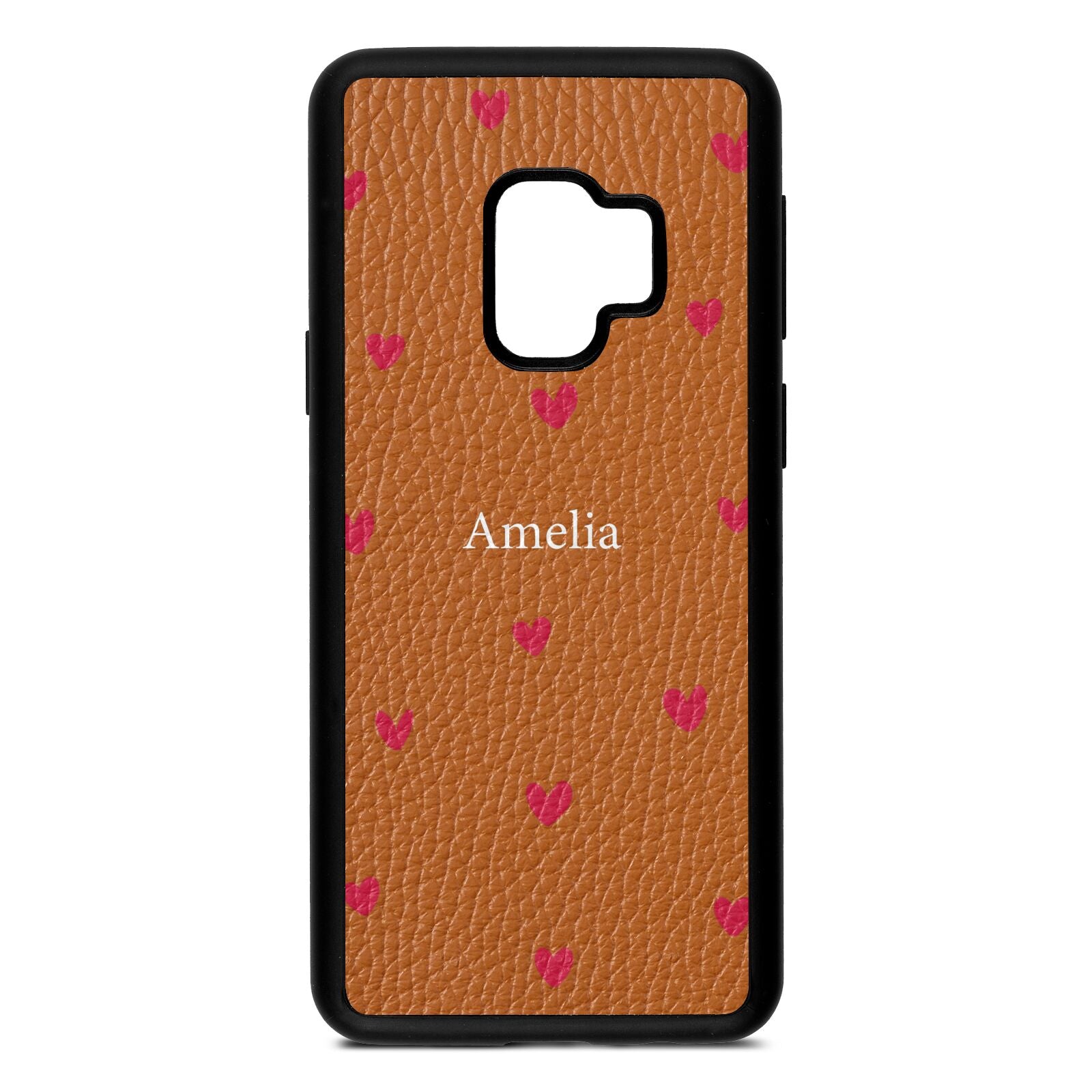 Custom Hearts Name Tan Pebble Leather Samsung S9 Case