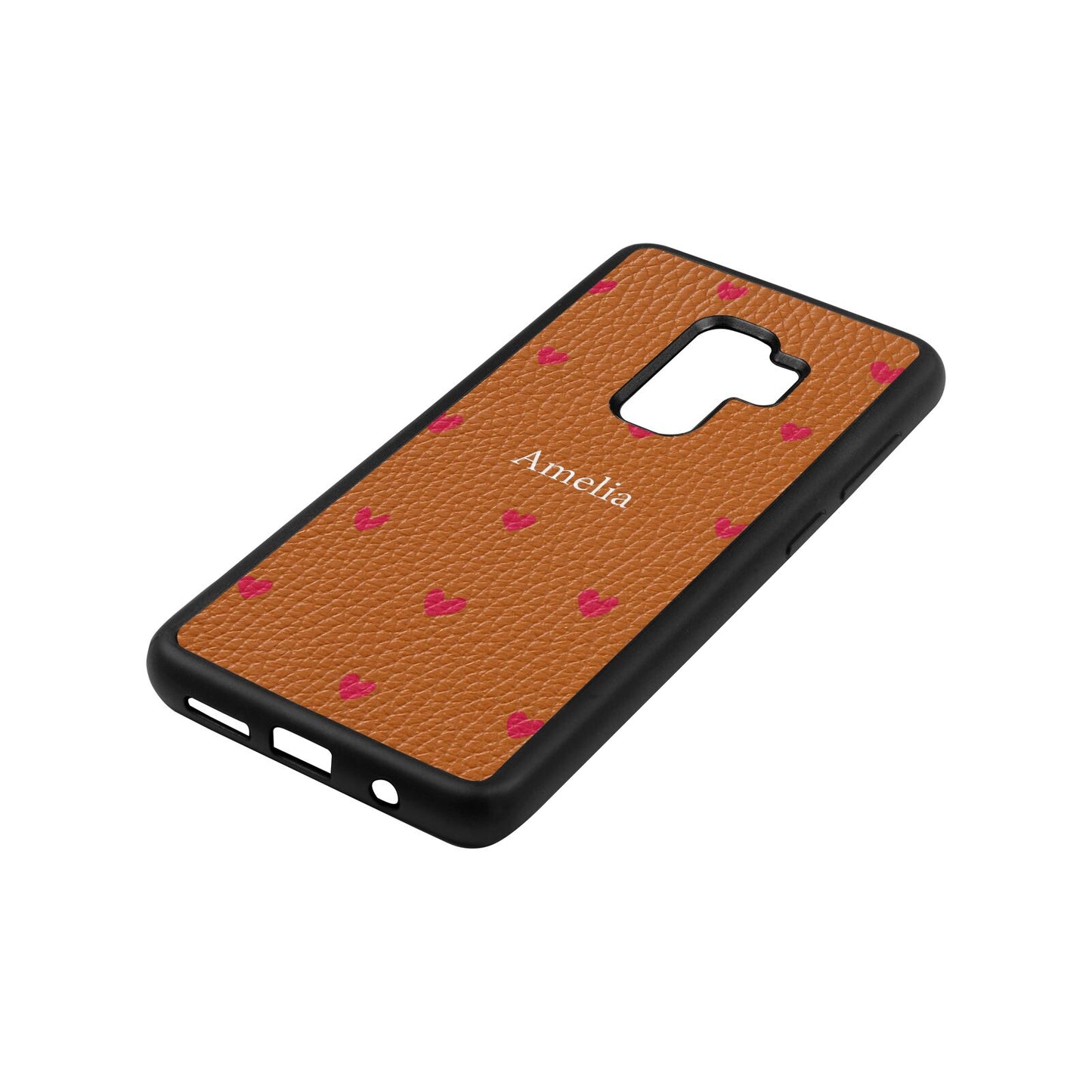 Custom Hearts Name Tan Pebble Leather Samsung S9 Plus Case Side Angle