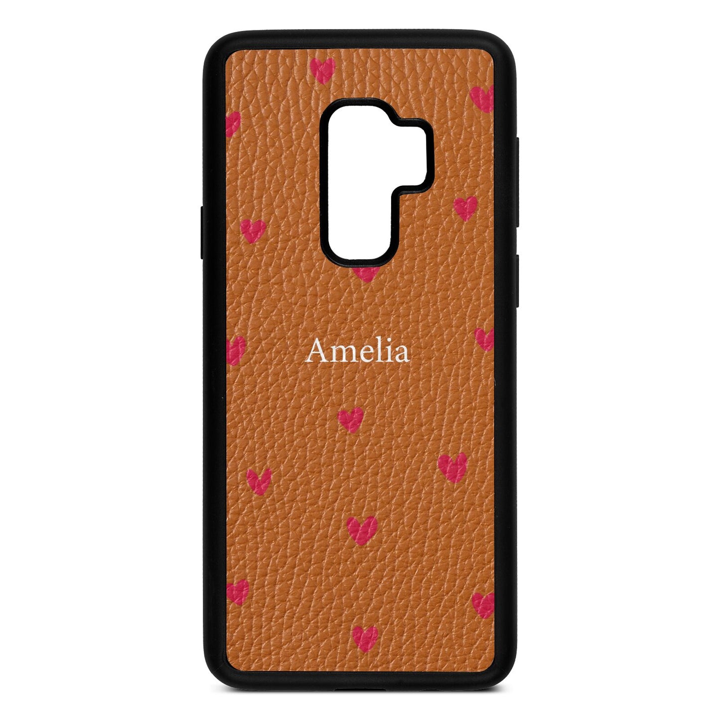 Custom Hearts Name Tan Pebble Leather Samsung S9 Plus Case