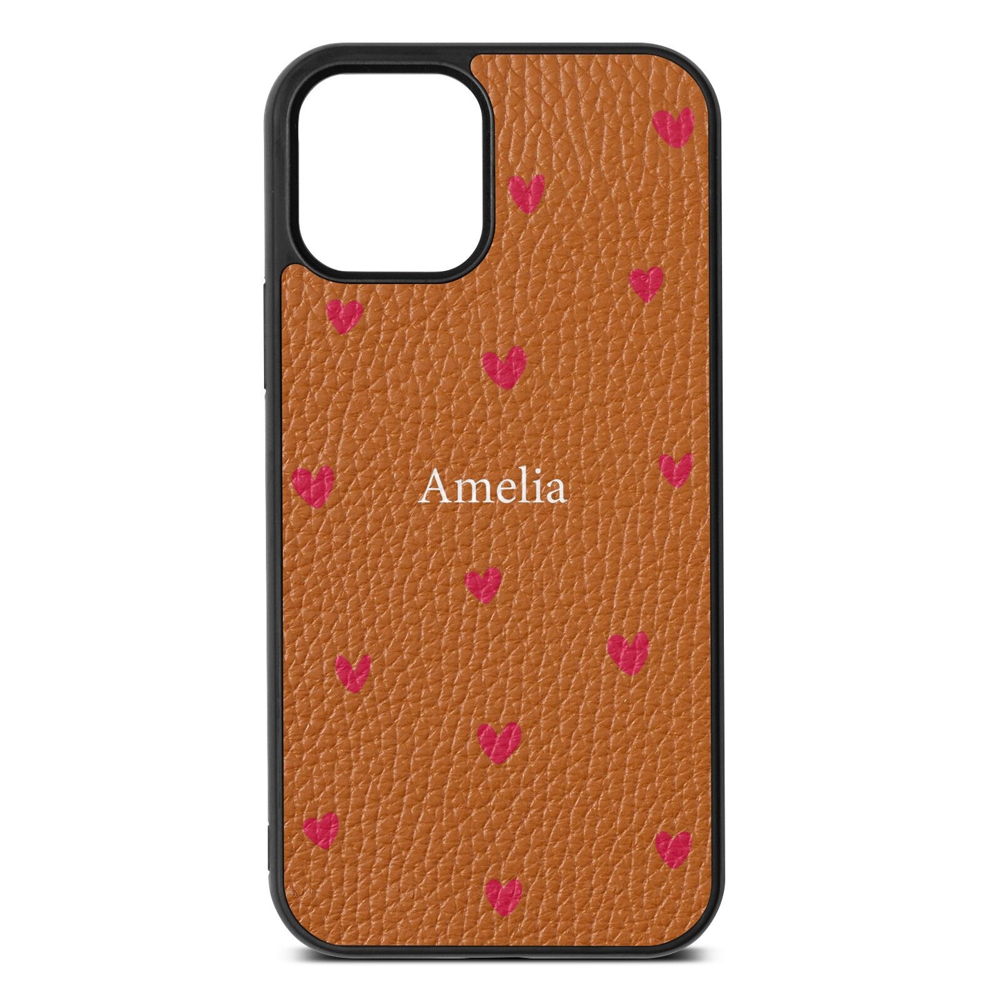 Custom Hearts Name Tan Pebble Leather iPhone 12 Case