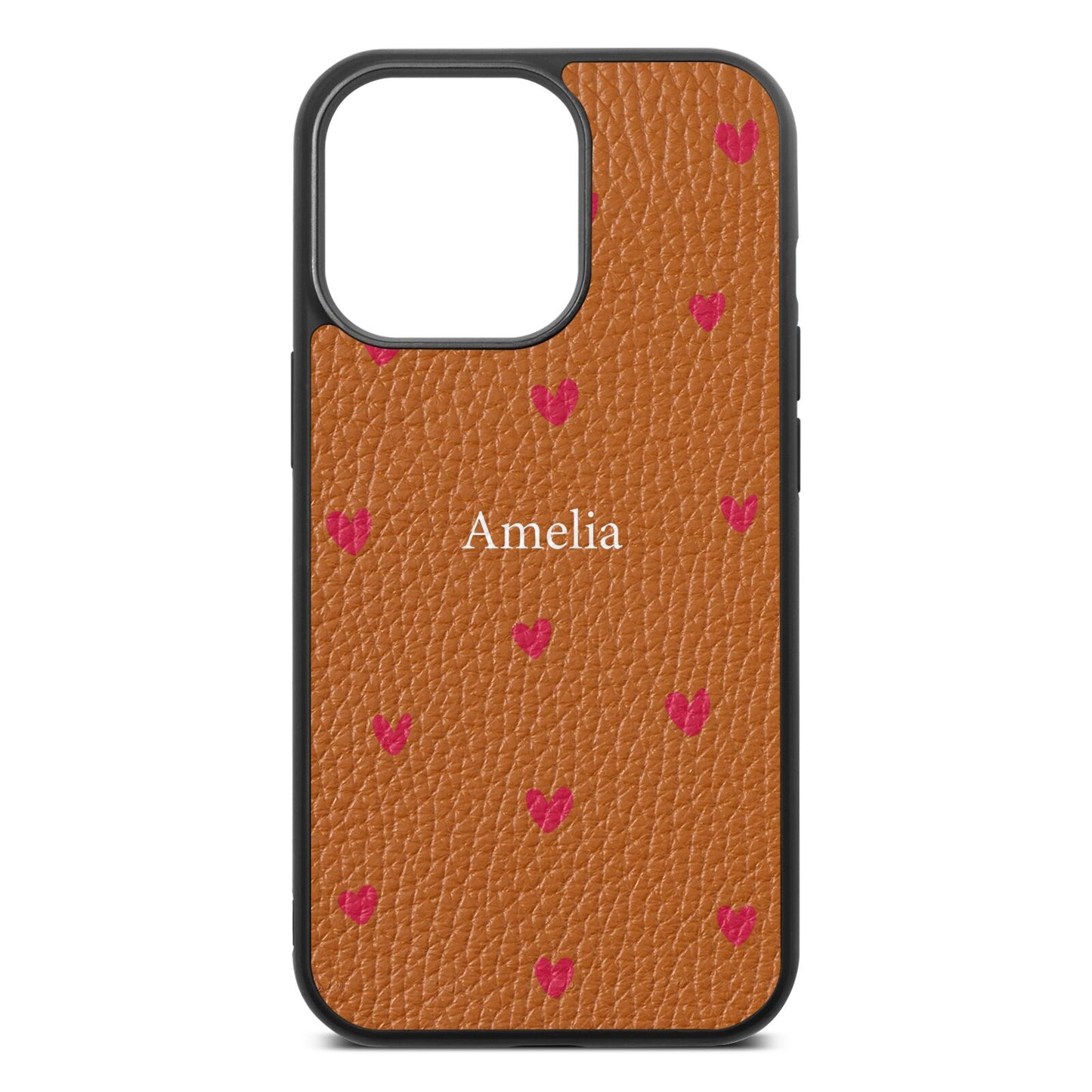 Custom Hearts Name Tan Pebble Leather iPhone 13 Pro Case