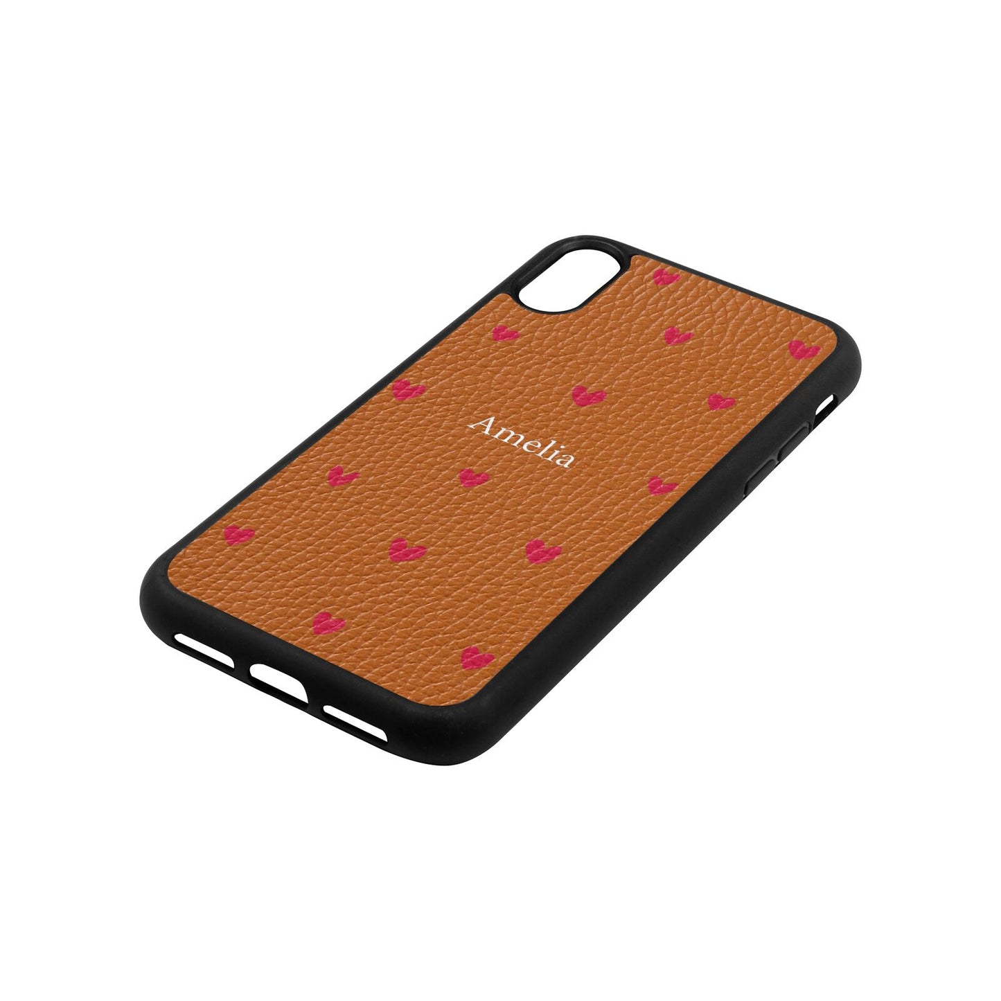 Custom Hearts Name Tan Pebble Leather iPhone Xr Case Side Angle