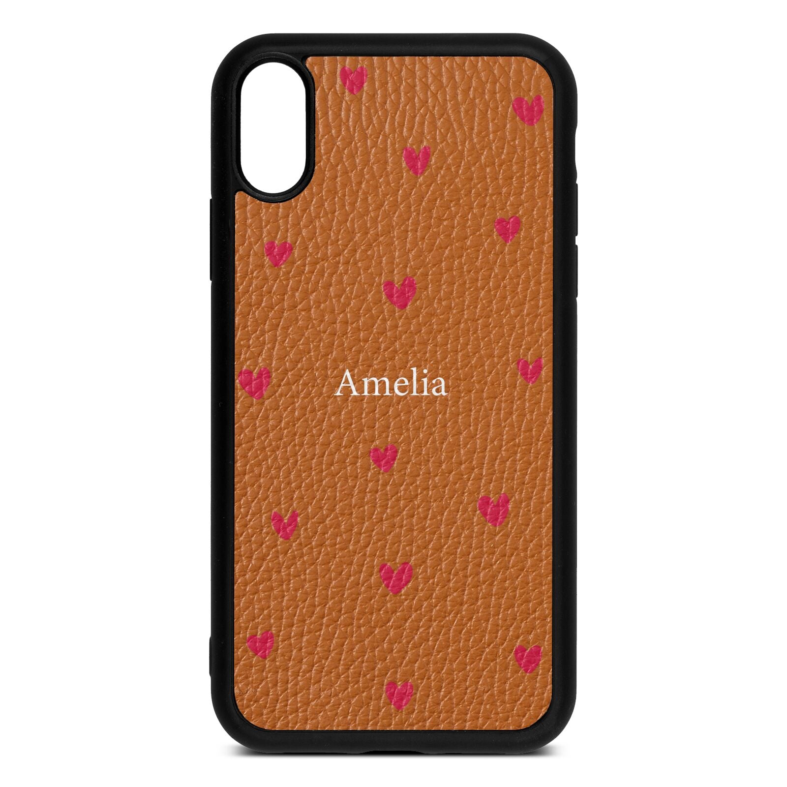 Custom Hearts Name Tan Pebble Leather iPhone Xr Case