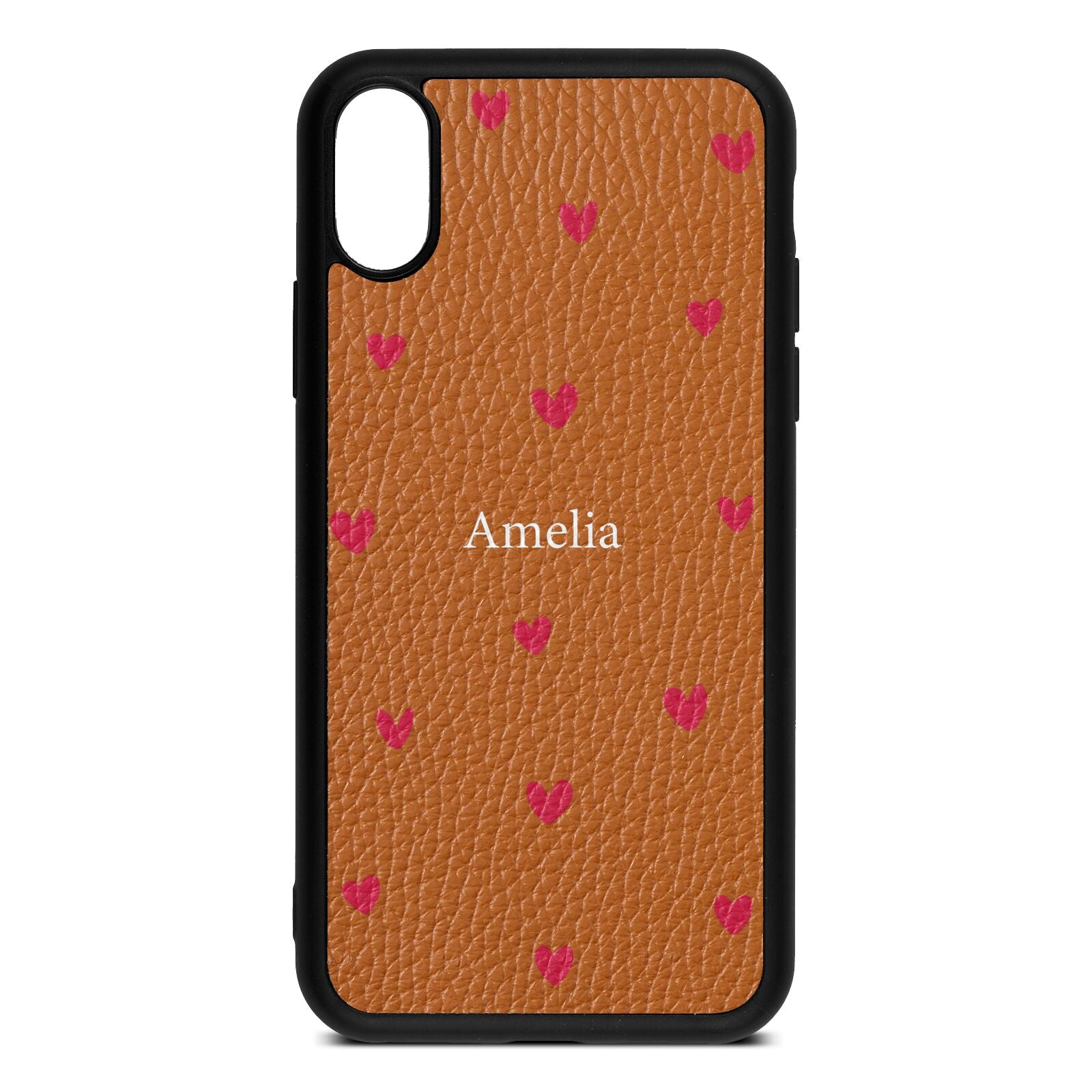 Custom Hearts Name Tan Pebble Leather iPhone Xs Case