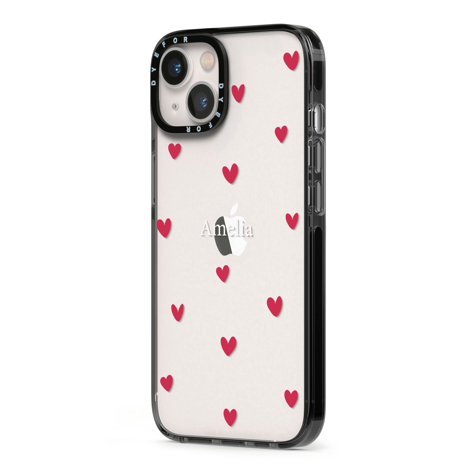 Custom Hearts Name iPhone 13 Black Impact Case Side Angle on Silver phone