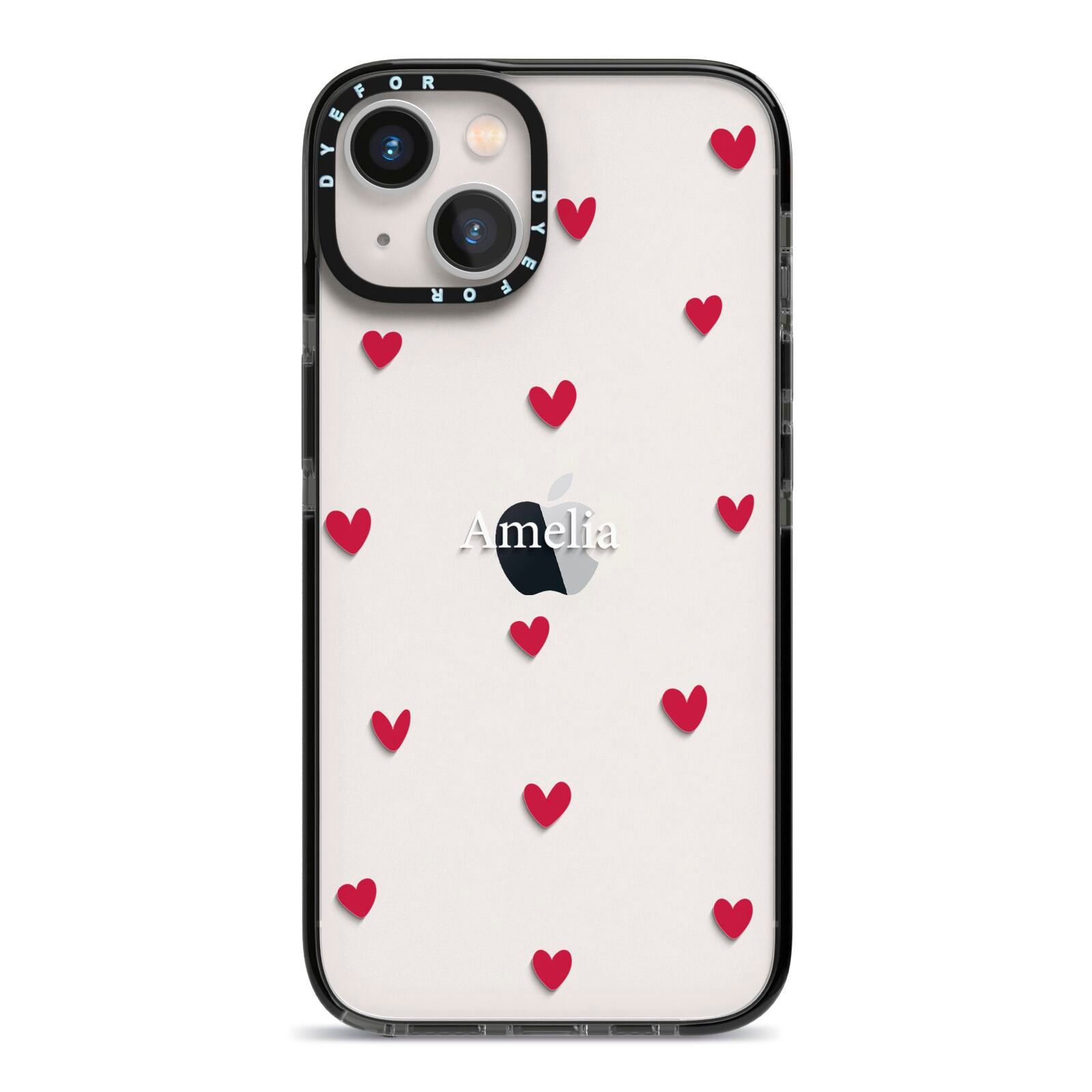 Custom Hearts Name iPhone 13 Black Impact Case on Silver phone