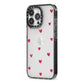 Custom Hearts Name iPhone 13 Pro Black Impact Case Side Angle on Silver phone