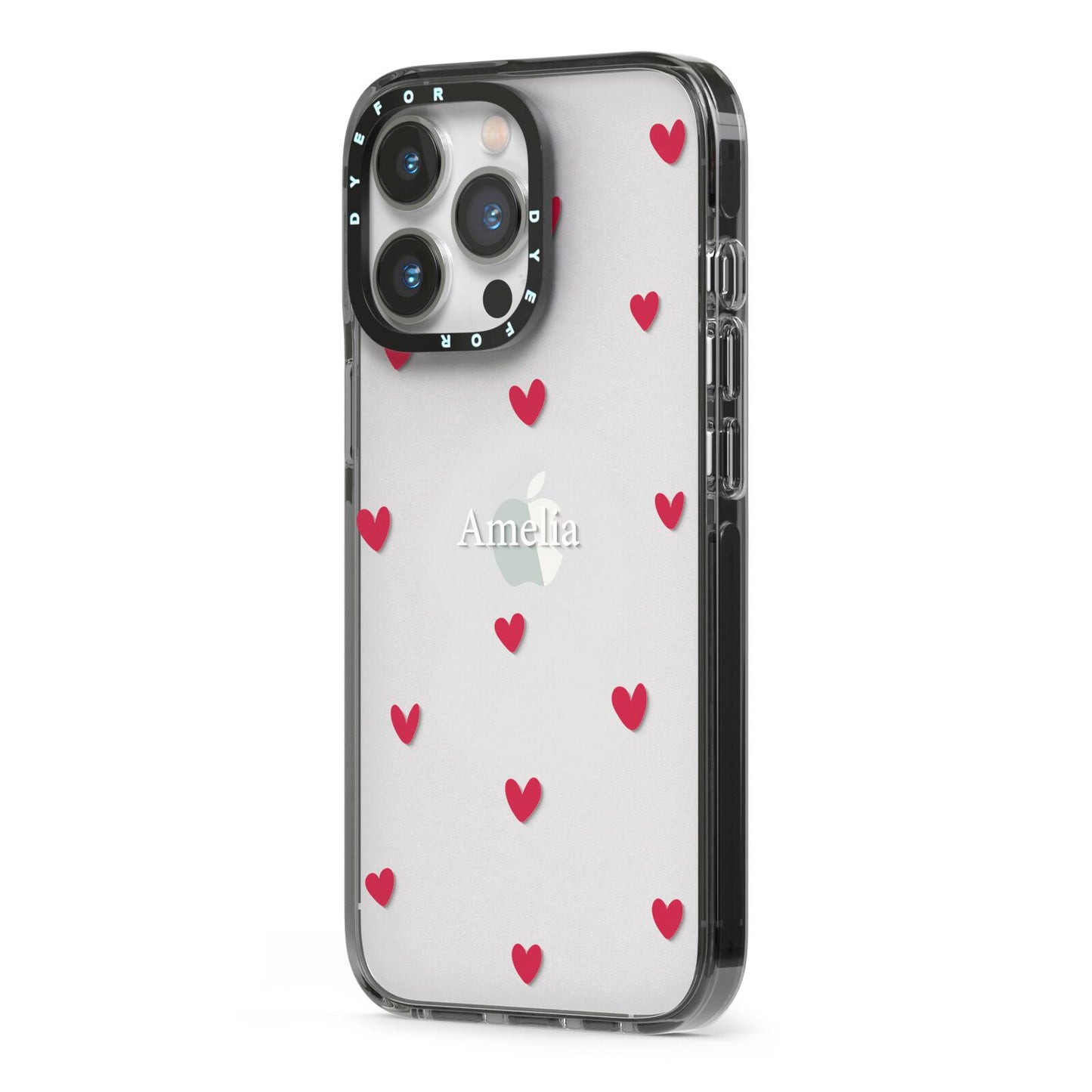 Custom Hearts Name iPhone 13 Pro Black Impact Case Side Angle on Silver phone