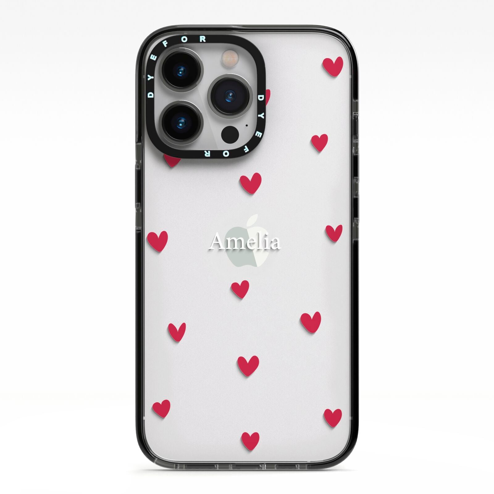 Custom Hearts Name iPhone 13 Pro Black Impact Case on Silver phone