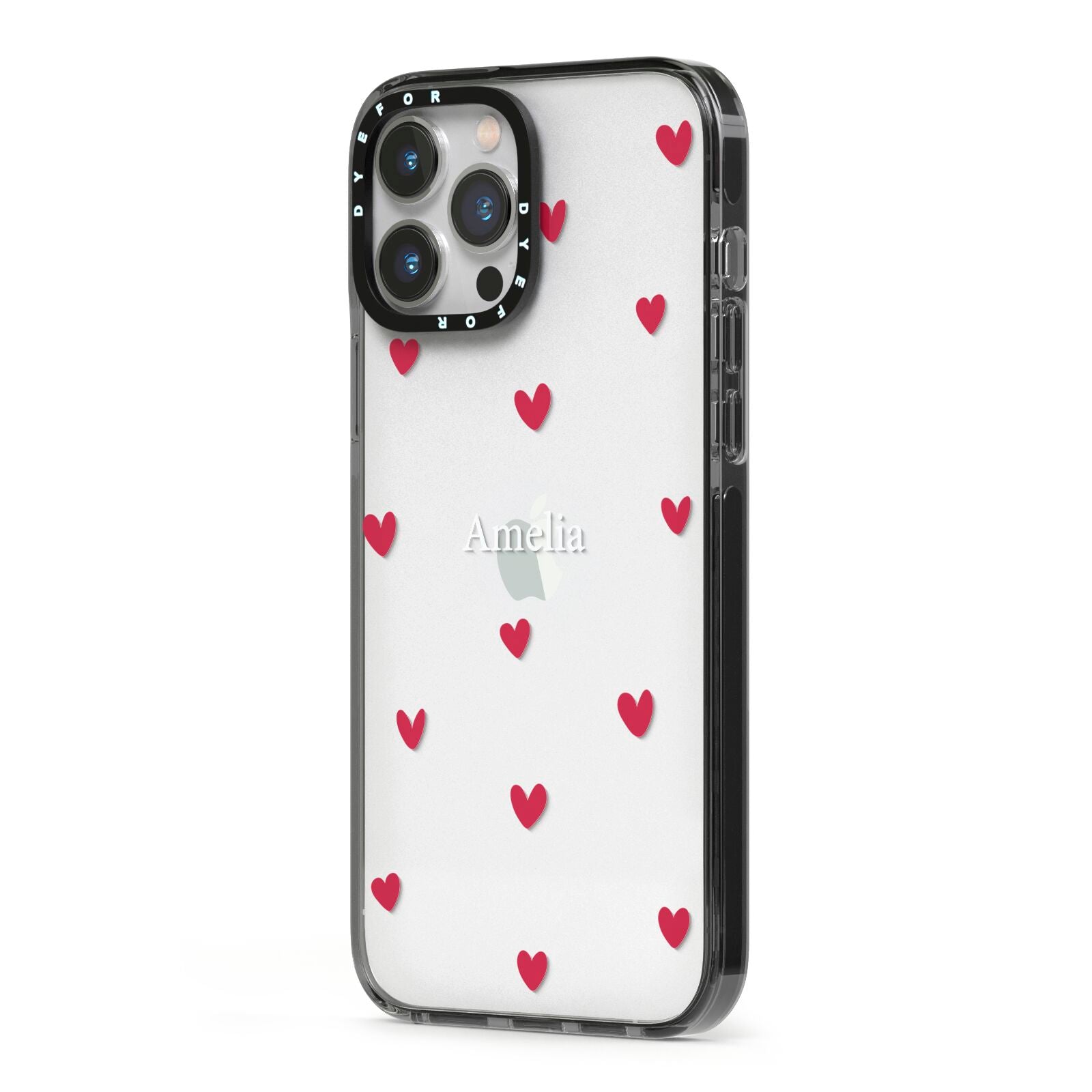 Custom Hearts Name iPhone 13 Pro Max Black Impact Case Side Angle on Silver phone