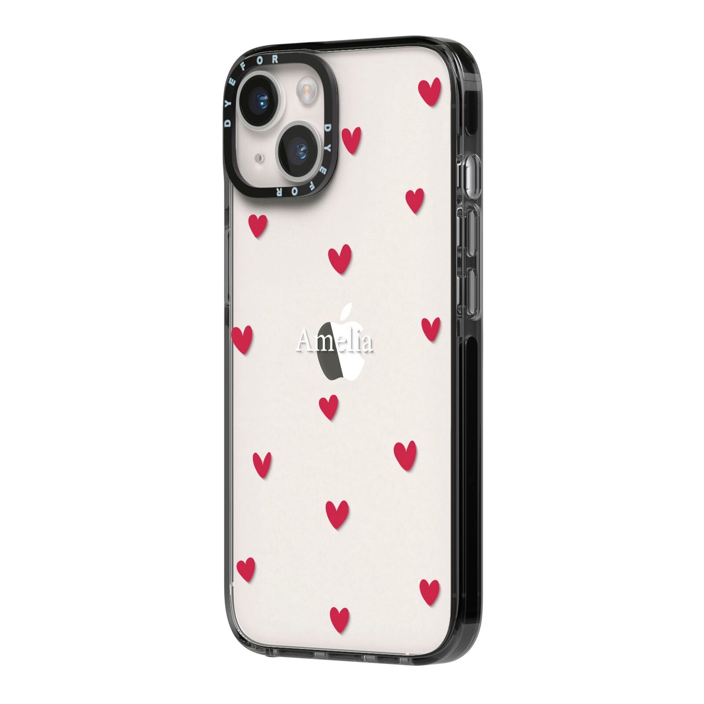 Custom Hearts Name iPhone 14 Black Impact Case Side Angle on Silver phone