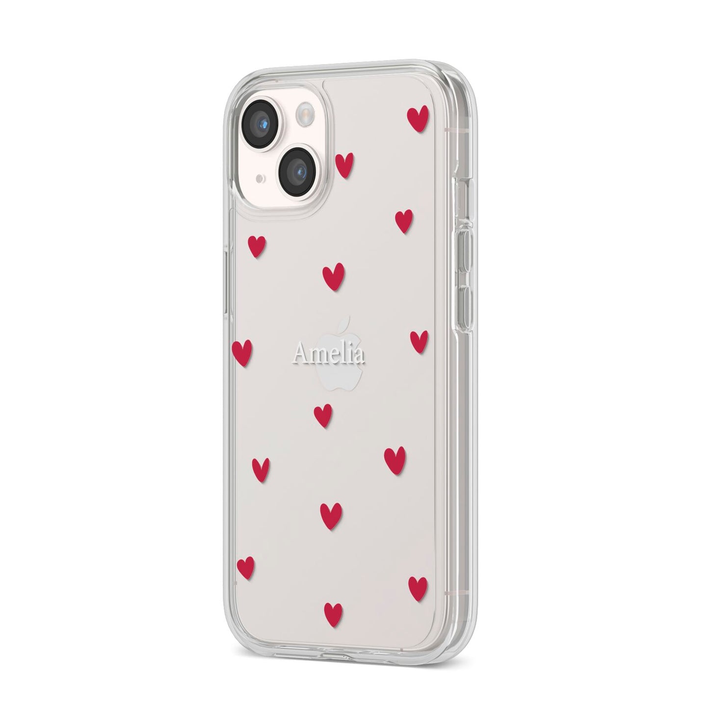 Custom Hearts Name iPhone 14 Clear Tough Case Starlight Angled Image