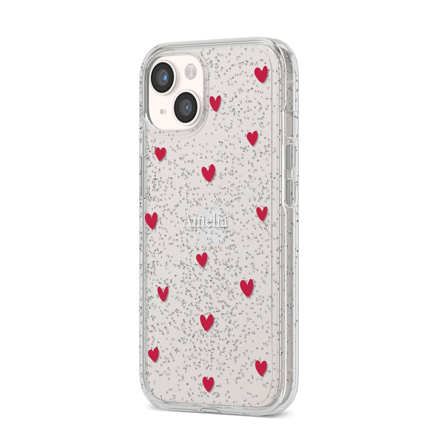 Custom Hearts Name iPhone 14 Glitter Tough Case Starlight Angled Image