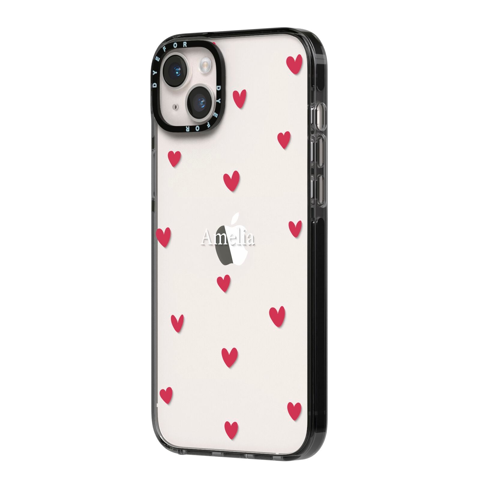 Custom Hearts Name iPhone 14 Plus Black Impact Case Side Angle on Silver phone
