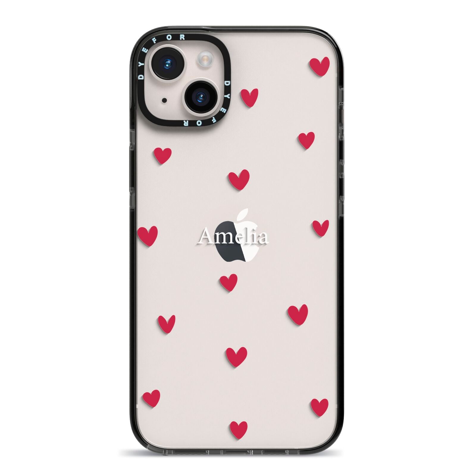 Custom Hearts Name iPhone 14 Plus Black Impact Case on Silver phone