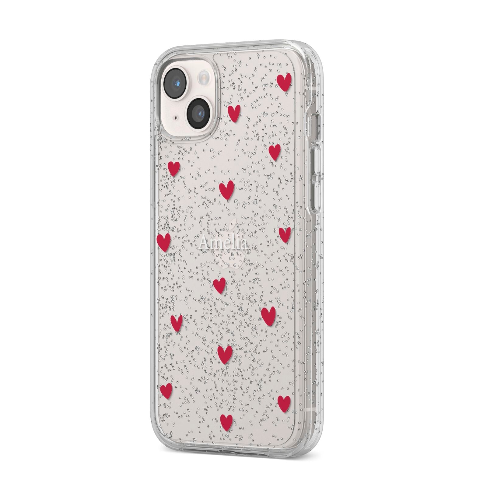 Custom Hearts Name iPhone 14 Plus Glitter Tough Case Starlight Angled Image