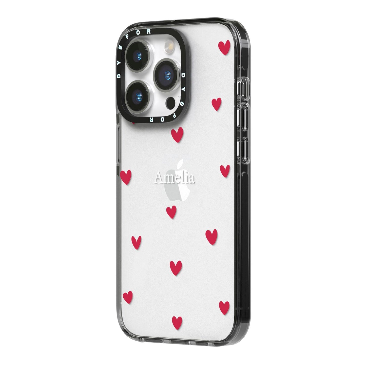 Custom Hearts Name iPhone 14 Pro Black Impact Case Side Angle on Silver phone
