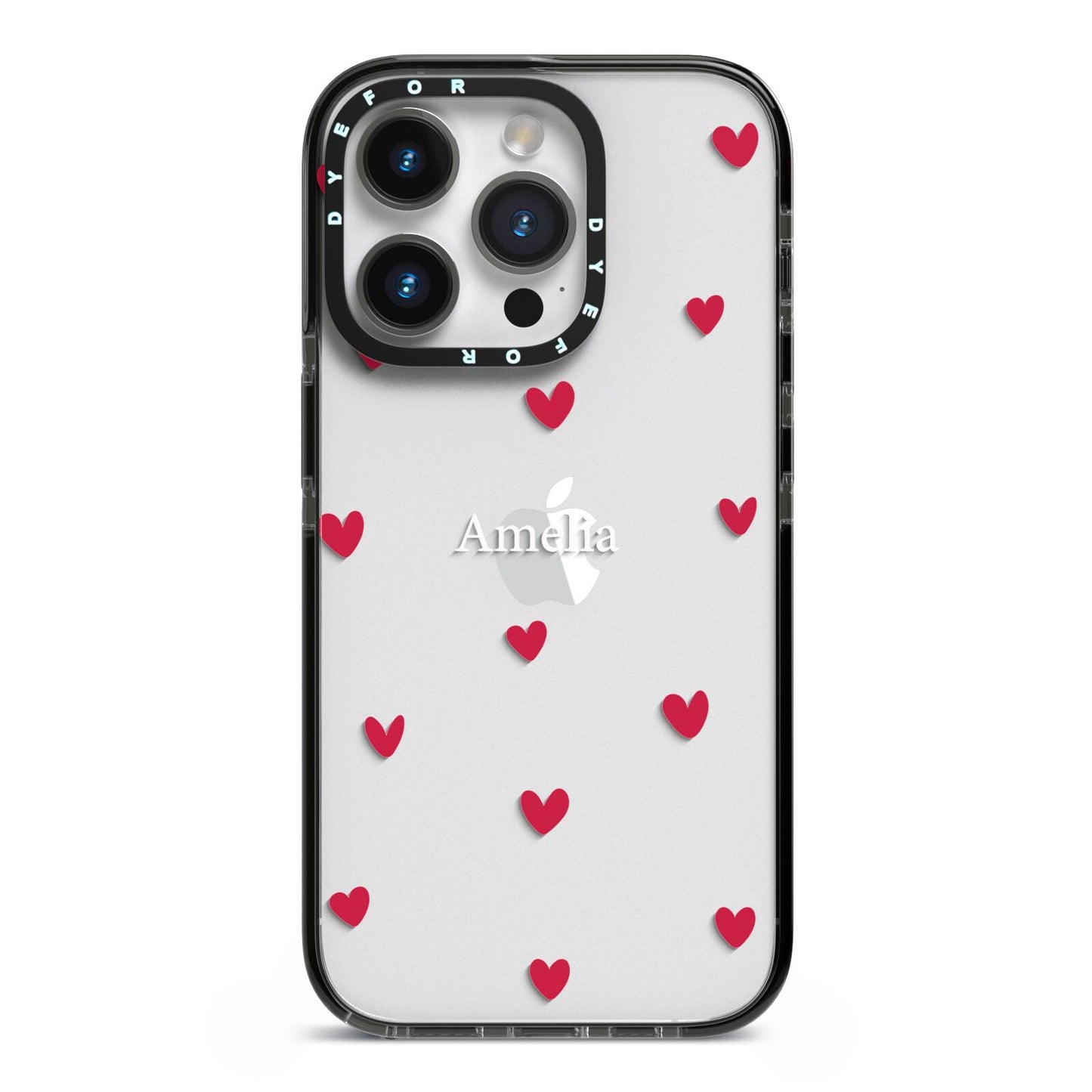 Custom Hearts Name iPhone 14 Pro Black Impact Case on Silver phone