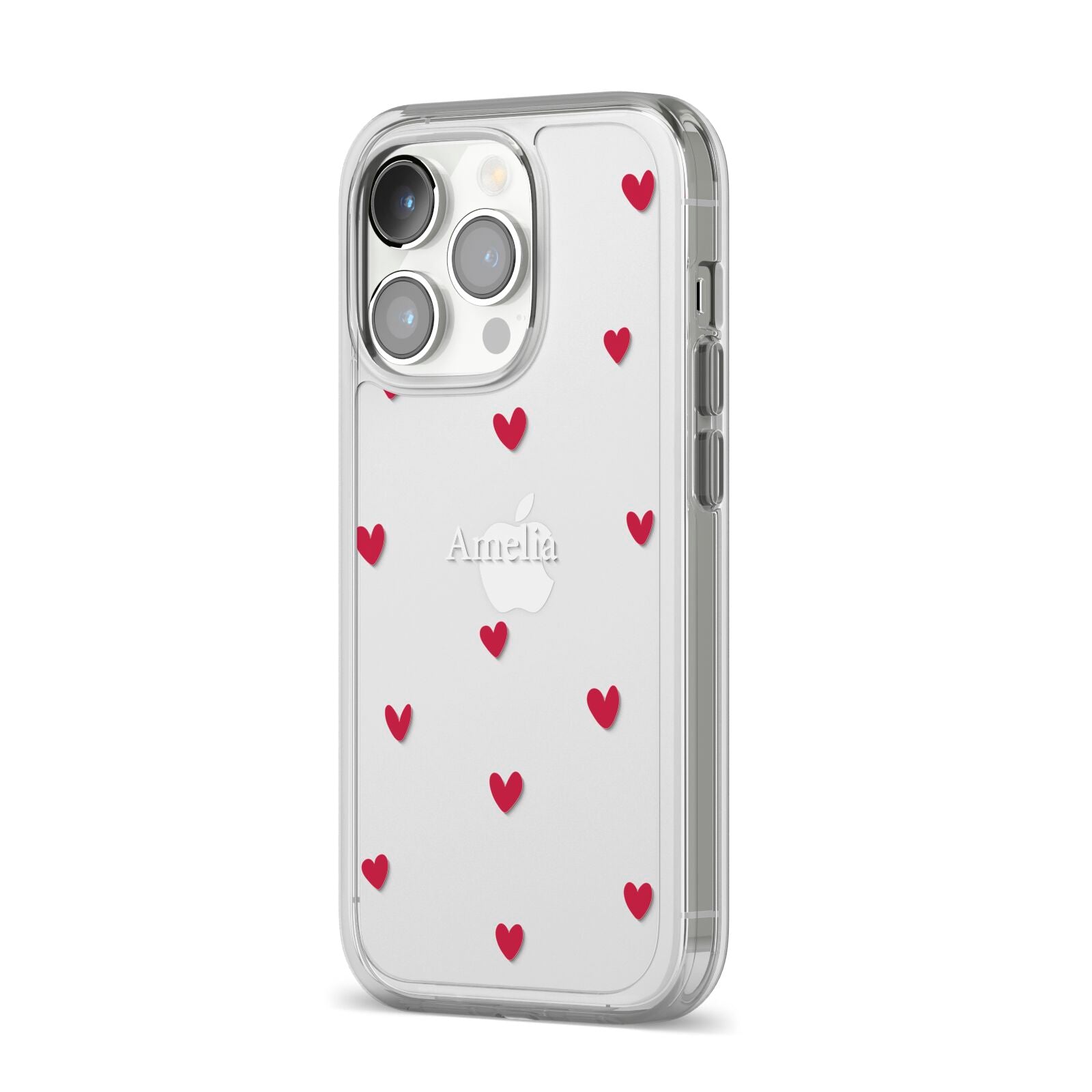 Custom Hearts Name iPhone 14 Pro Clear Tough Case Silver Angled Image