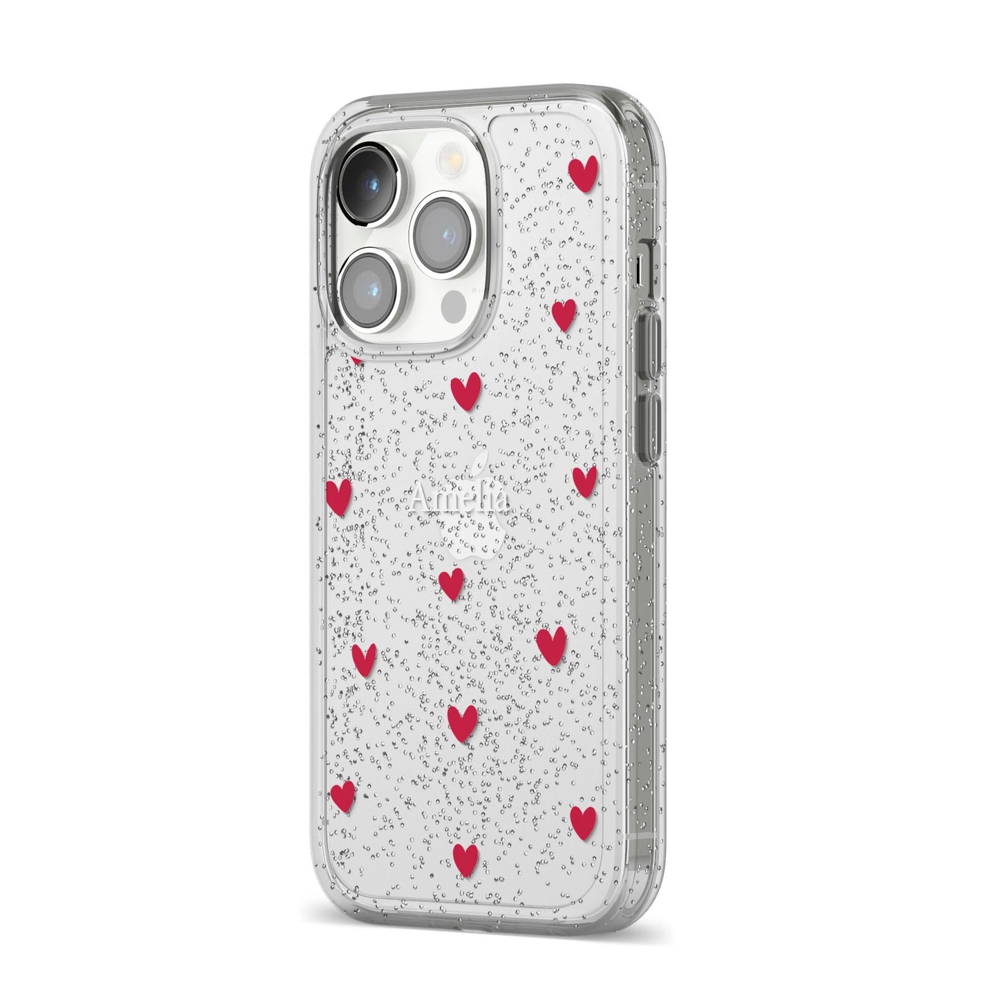 Custom Hearts Name iPhone 14 Pro Glitter Tough Case Silver Angled Image