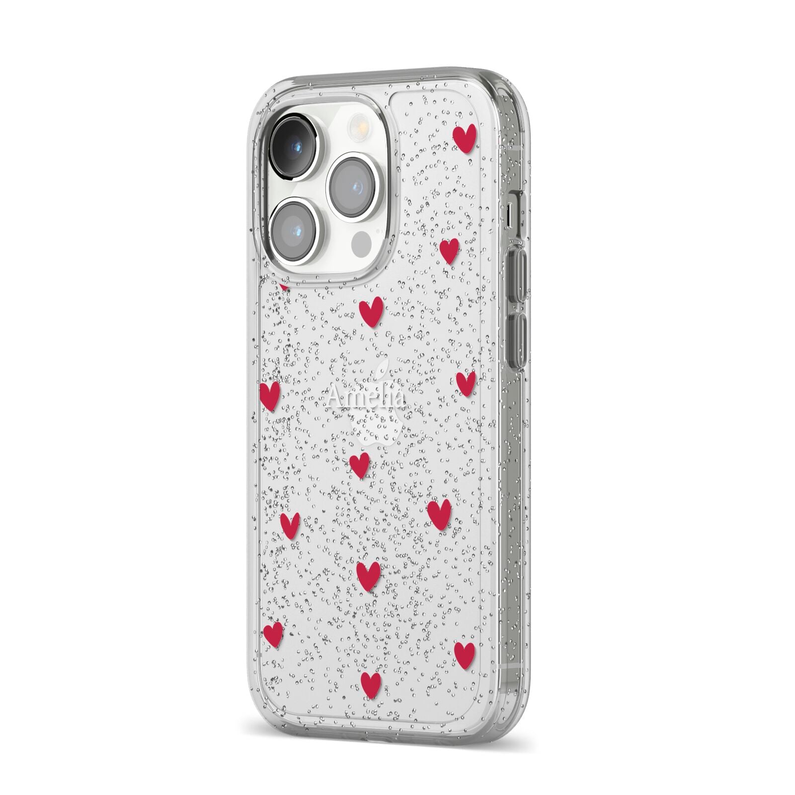 Custom Hearts Name iPhone 14 Pro Glitter Tough Case Silver Angled Image