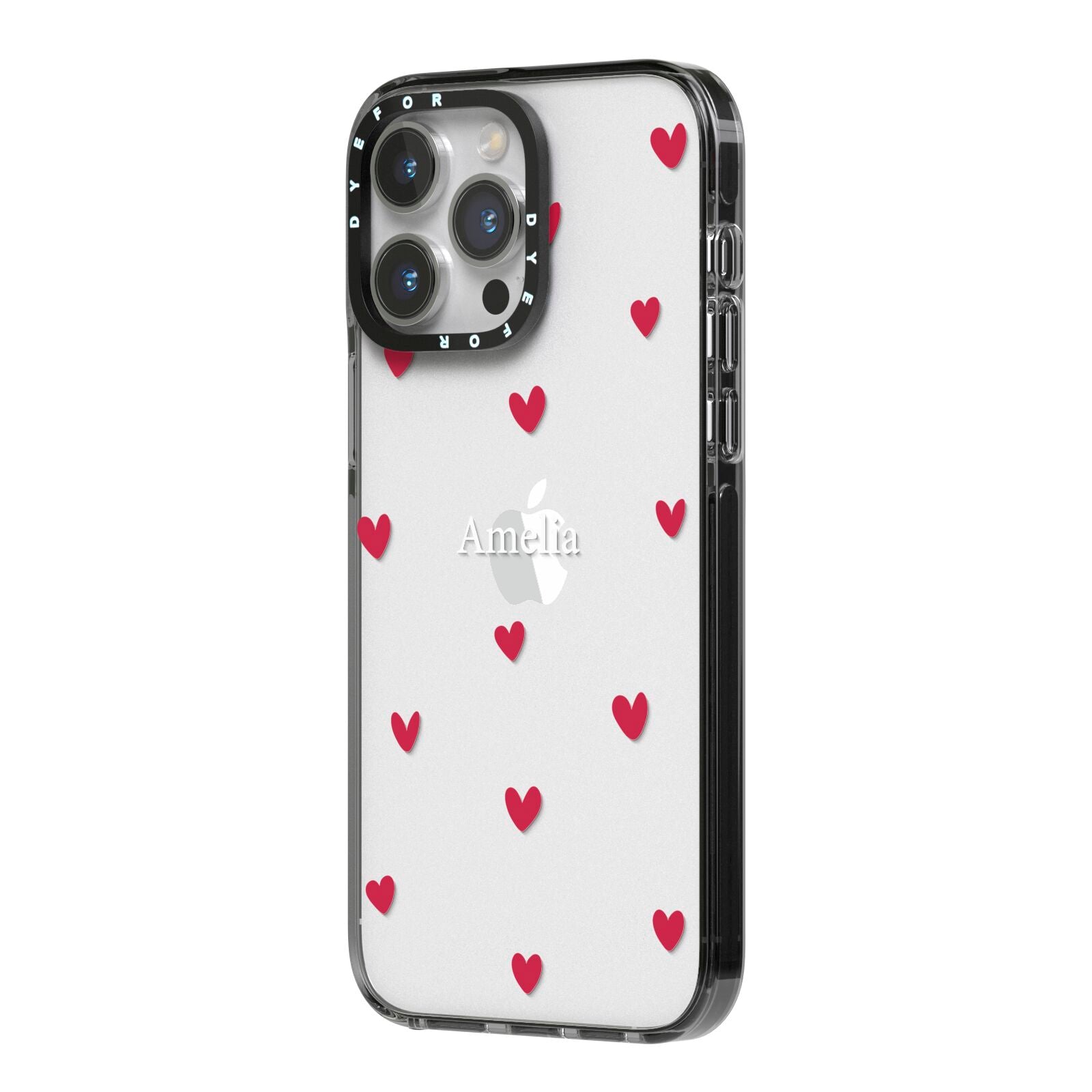Custom Hearts Name iPhone 14 Pro Max Black Impact Case Side Angle on Silver phone