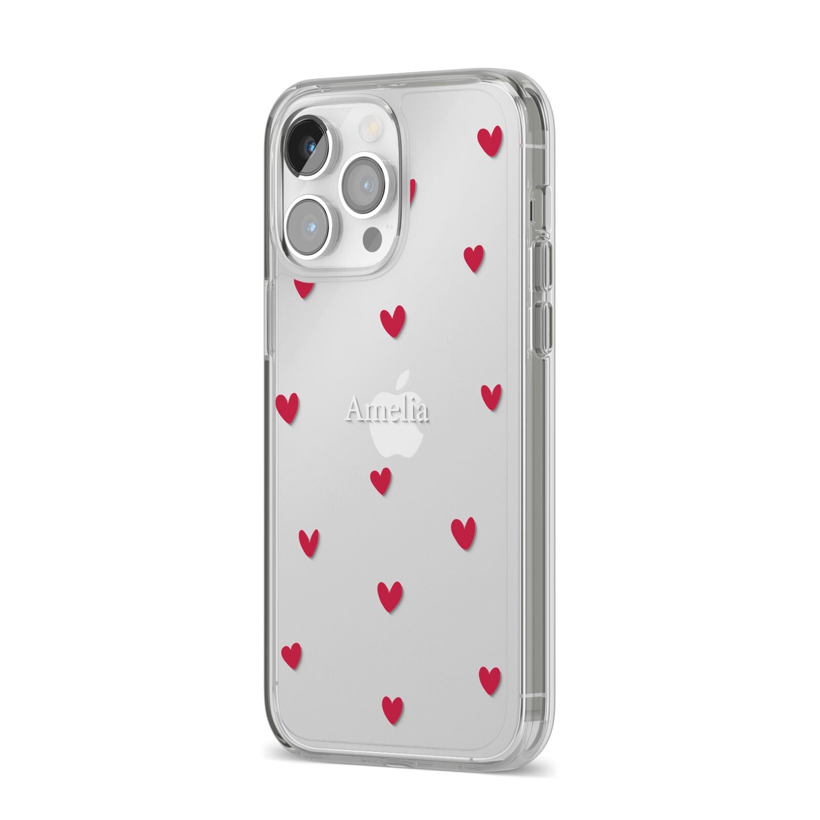 Custom Hearts Name iPhone 14 Pro Max Clear Tough Case Silver Angled Image