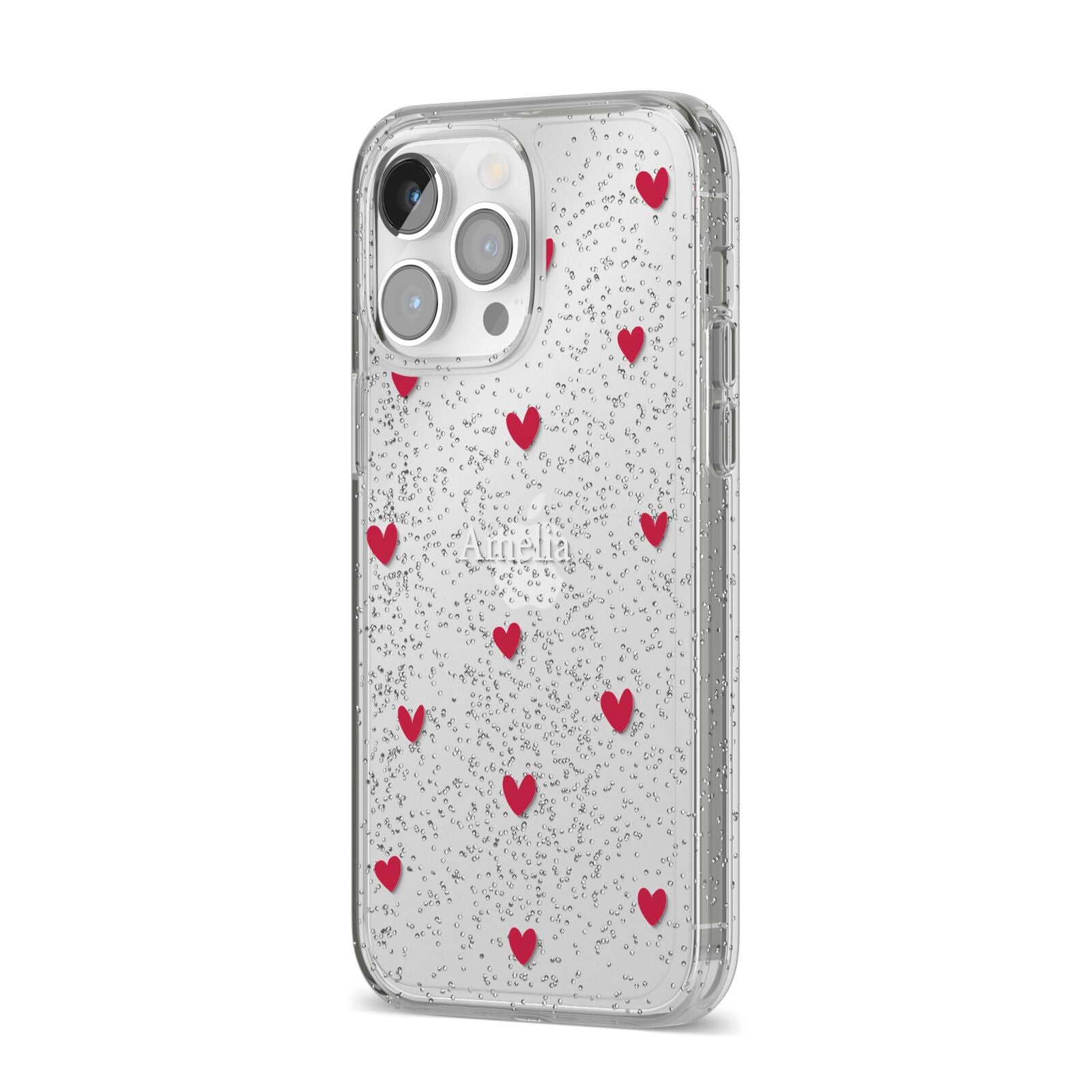 Custom Hearts Name iPhone 14 Pro Max Glitter Tough Case Silver Angled Image