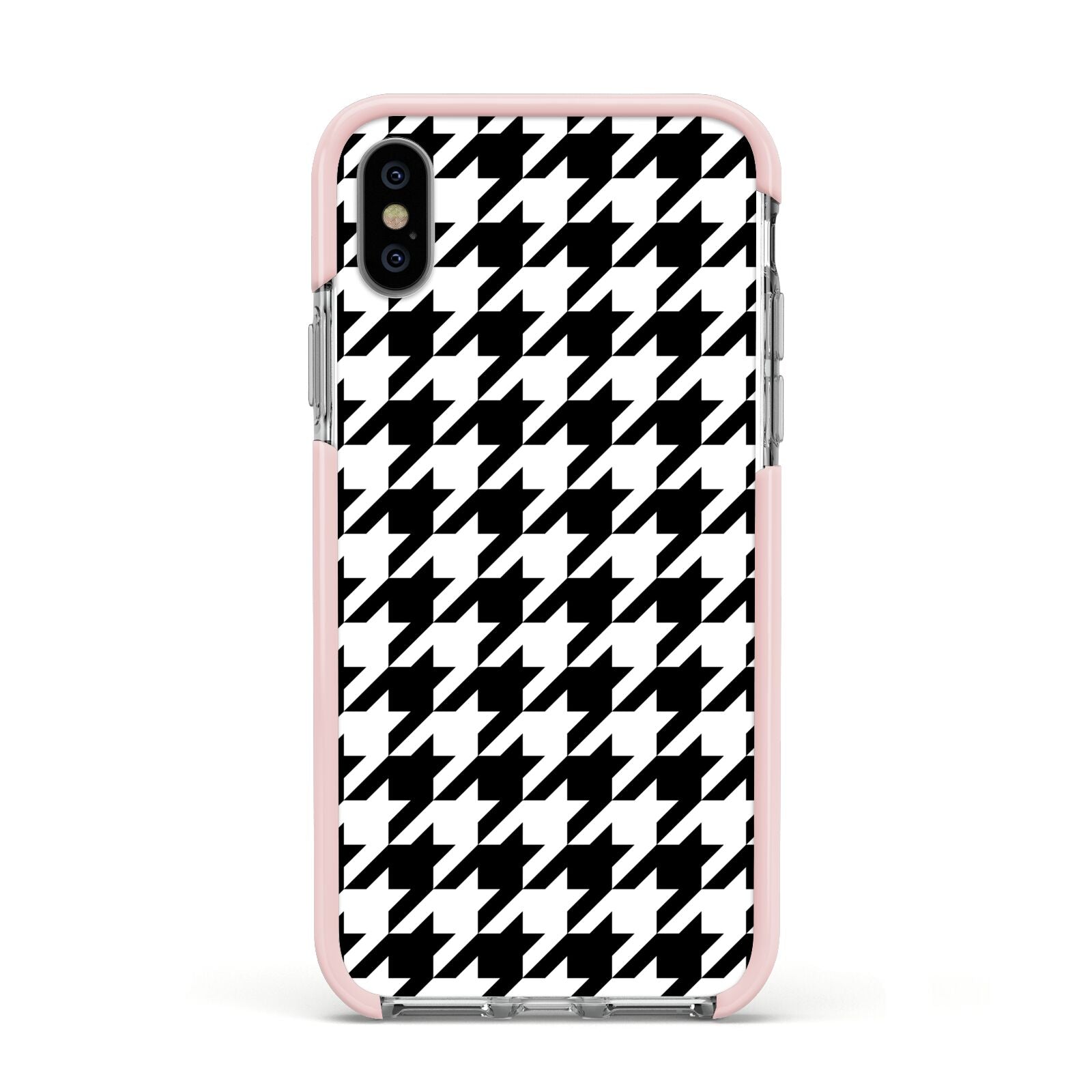 Custom Houndstooth Apple iPhone Xs Impact Case Pink Edge on Silver Phone