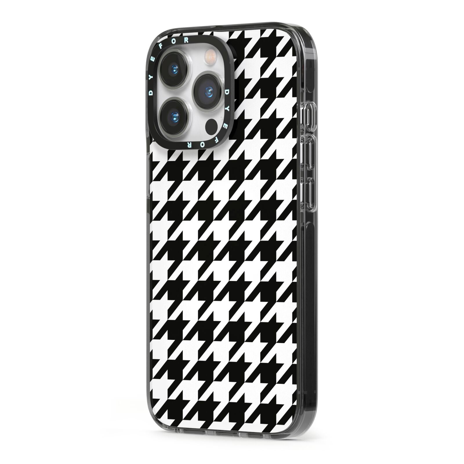 Custom Houndstooth iPhone 13 Pro Black Impact Case Side Angle on Silver phone