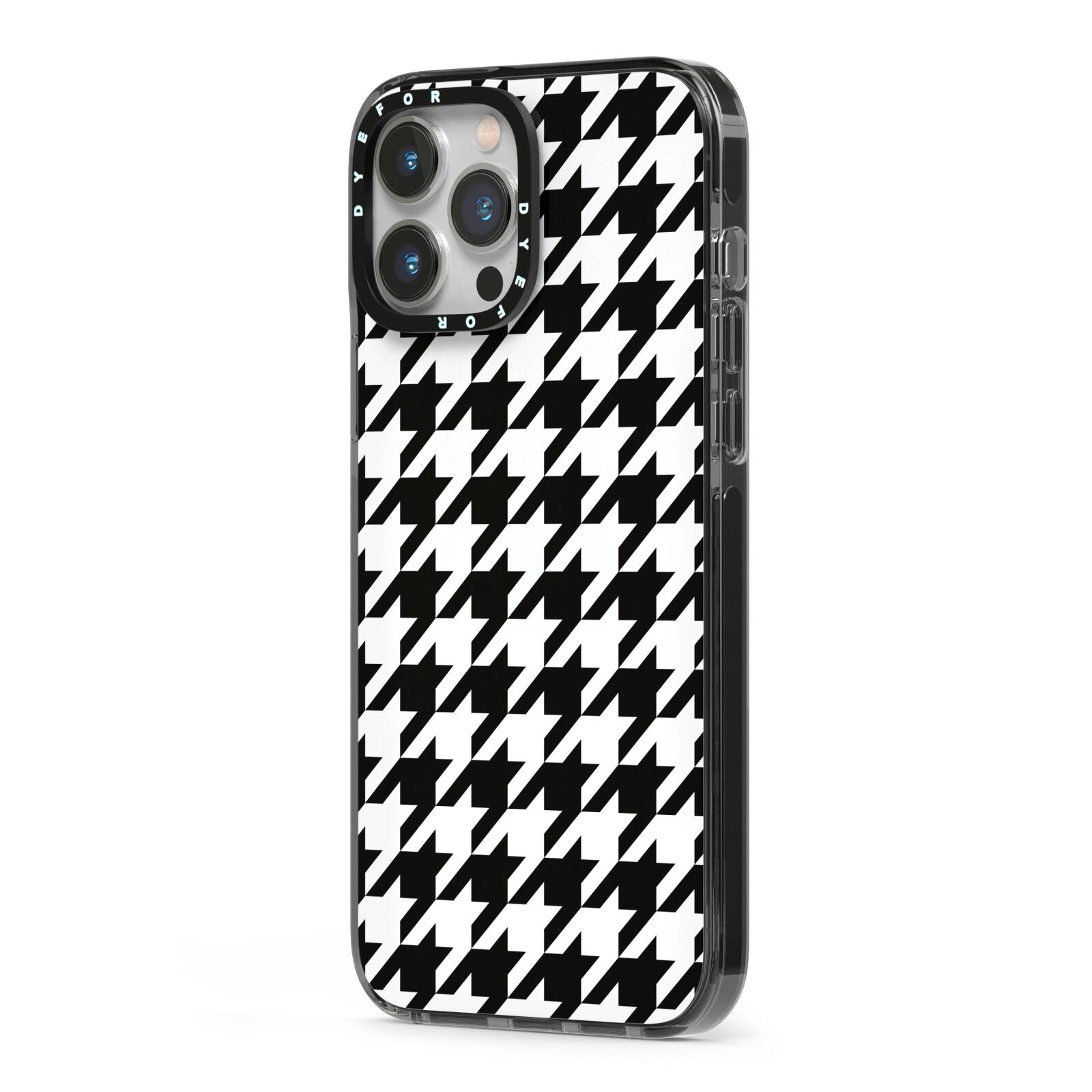 Custom Houndstooth iPhone 13 Pro Max Black Impact Case Side Angle on Silver phone