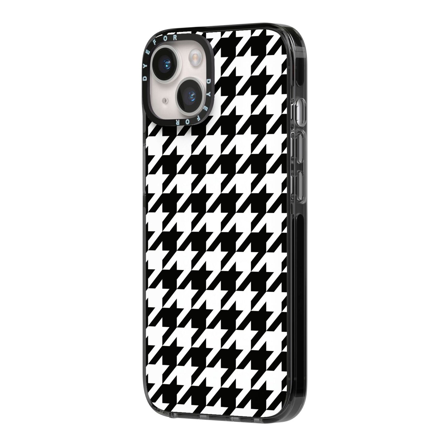 Custom Houndstooth iPhone 14 Black Impact Case Side Angle on Silver phone