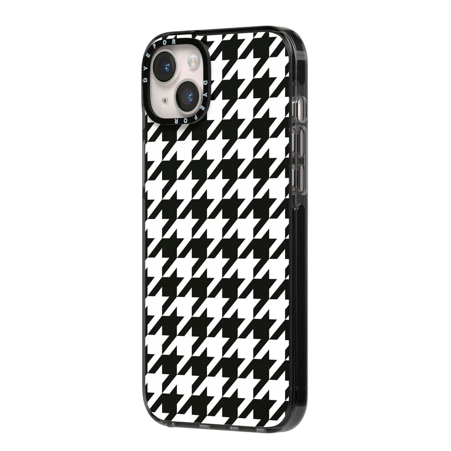 Custom Houndstooth iPhone 14 Plus Black Impact Case Side Angle on Silver phone