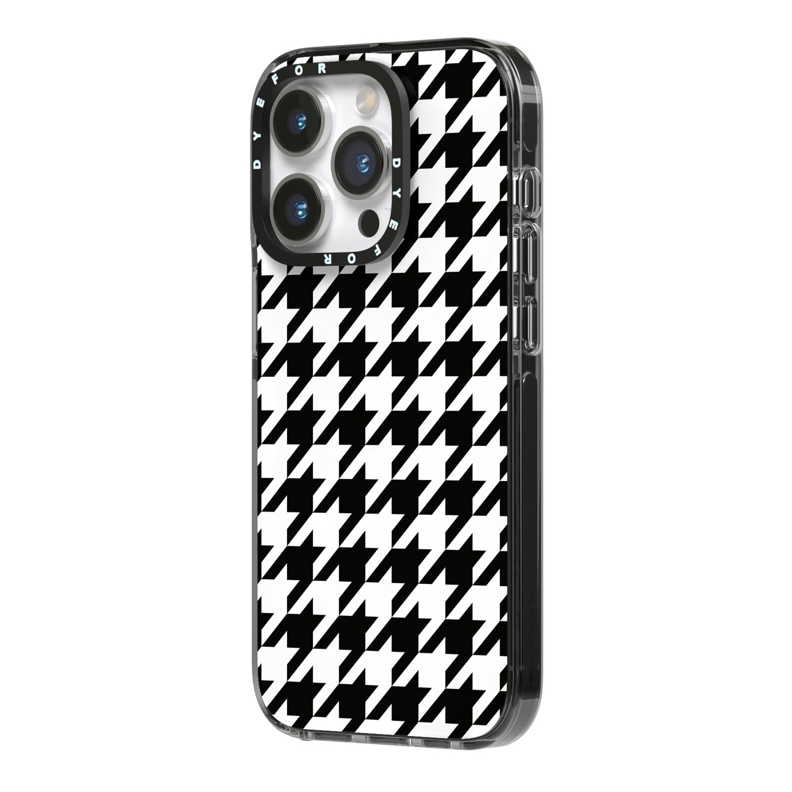 Custom Houndstooth iPhone 14 Pro Black Impact Case Side Angle on Silver phone